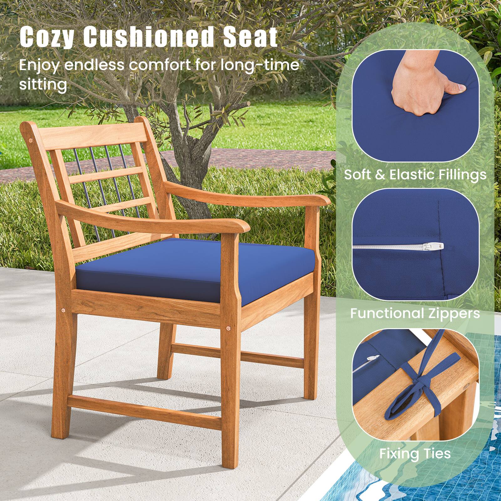 Cozy Cushioned Seat: Enjoy endless comfort for long-time sitting. Soft & Elastic Fillings: Functional Zippers, Fixing Ties.