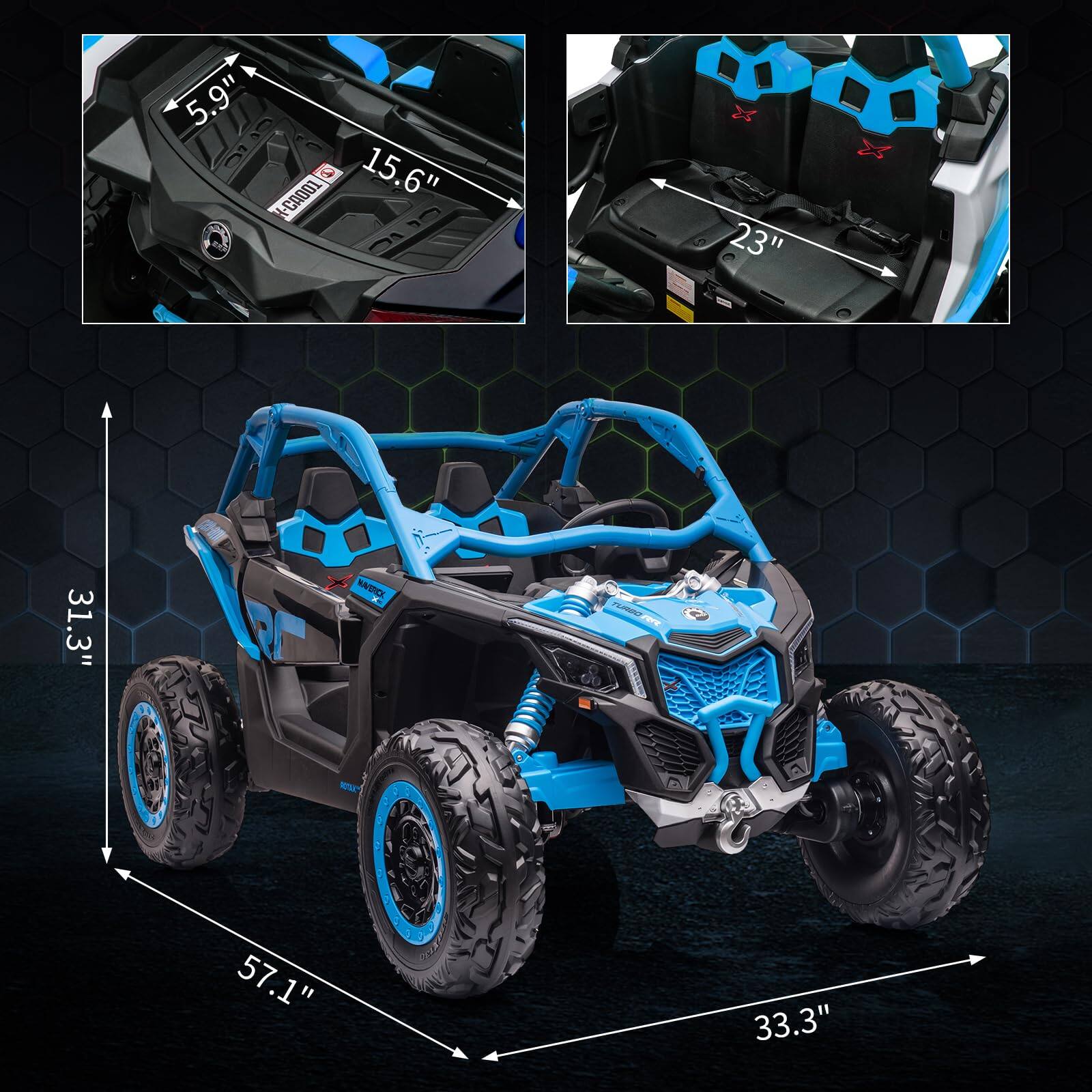 - 5.9" (height of the dashboard)
- 15.6" (width of the dashboard)
- 23" (depth of the storage compartment)
- 31.3" (height of the vehicle)
- 57.1" (length of the vehicle)
- 33.3" (width of the vehicle)