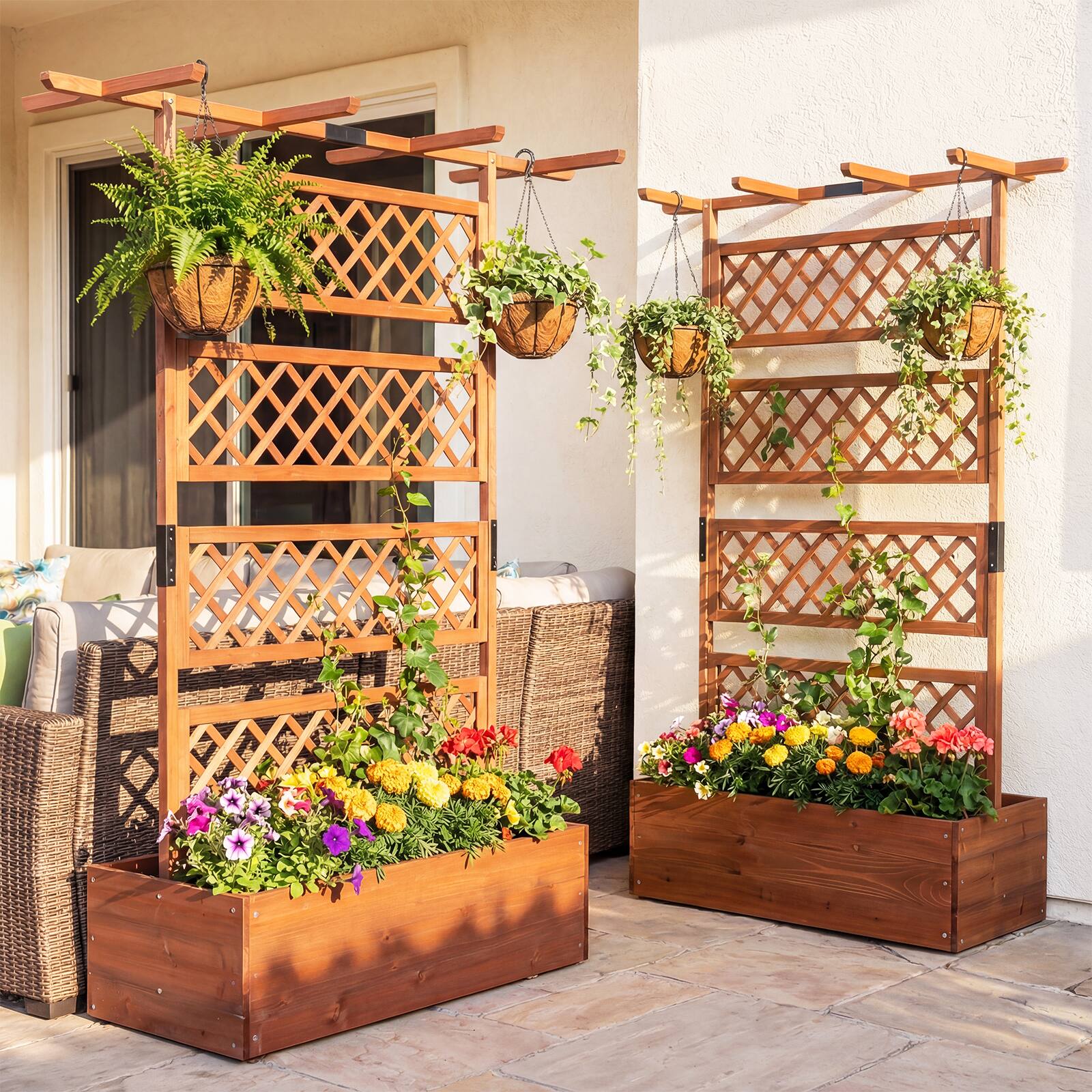 Alt View 1. Gymax - Gymax 2PCS Wooden Planter Box w/Lattice Trellis Flat Roof Drainage for Climbing Plant Brown - Brown.