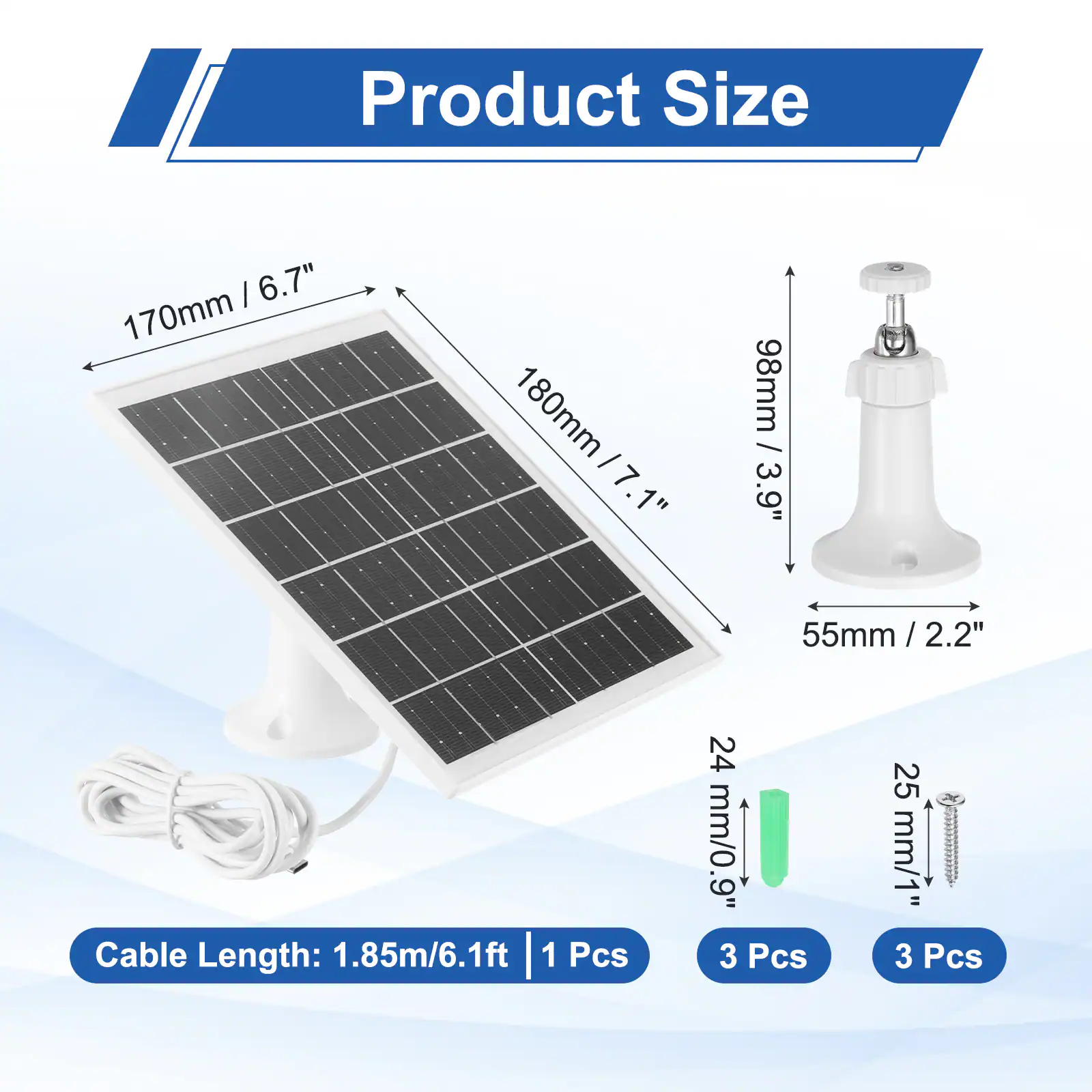 Product Size:  
- 6.7" / 170mm x 7.1" / 180mm  
- 7.1" / 180mm x 98mm / 3.9"  
- 55mm / 2.2" x 2.2"  

Cable Length: 1.85m / 6.1ft  

Included:  
- 1 Pcs  
- 3 Pcs 24 mm / 0.9"  
- 3 Pcs 25 mm / 1"