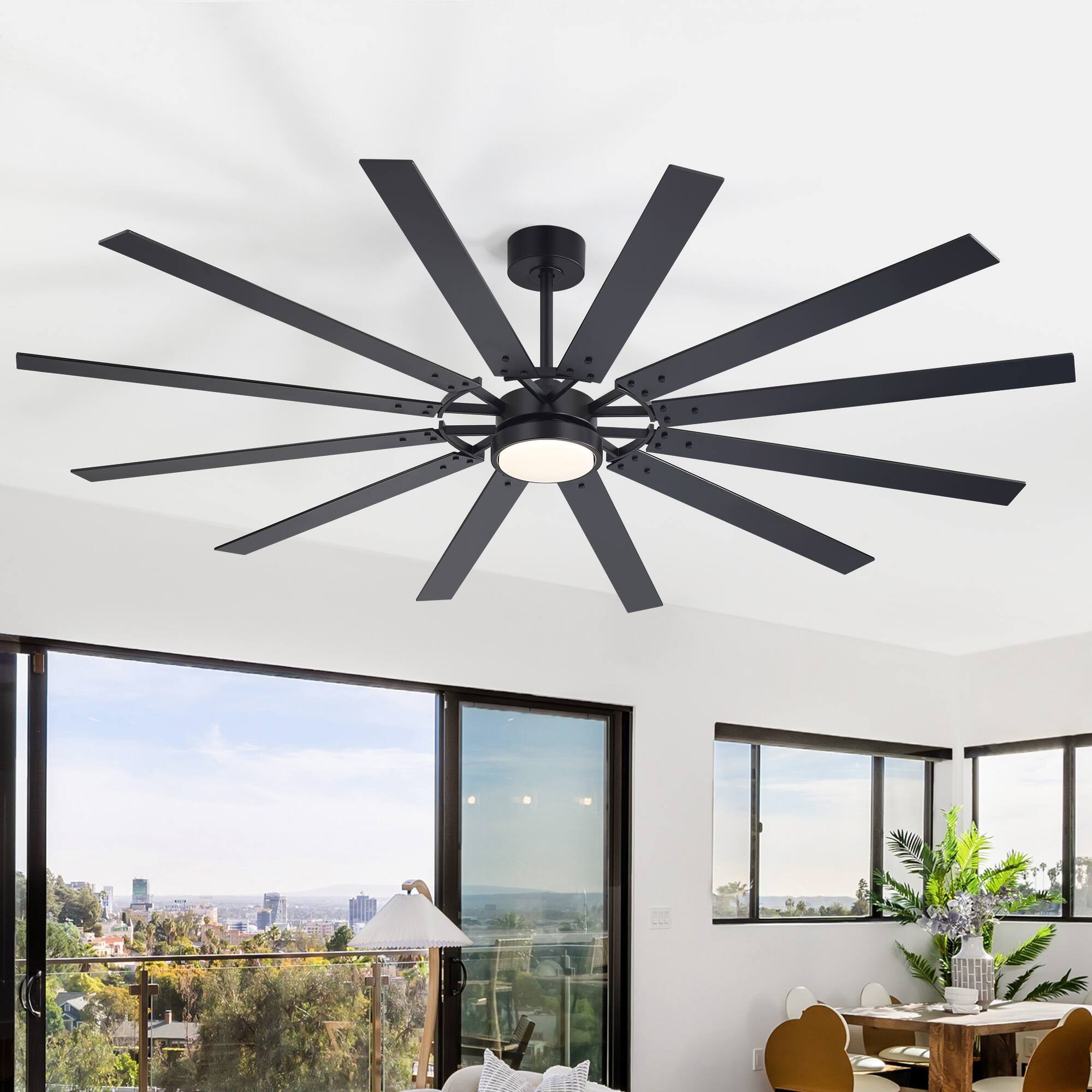 Angle. Breezary - 80-Inch Ceiling Fan with LED Light, 12 Wood Blades, DC Motor, 6 Speeds, Timer, Reversible Airflow and Remote Control - Black and Walnut.