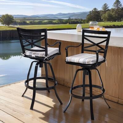 Front. Crestlive Products - Crestlive Products Sunbrella Cast Aluminum Set 2 Black Swivel Bar Stool Chair Tan Cushioned Seat - Tan-2PC.