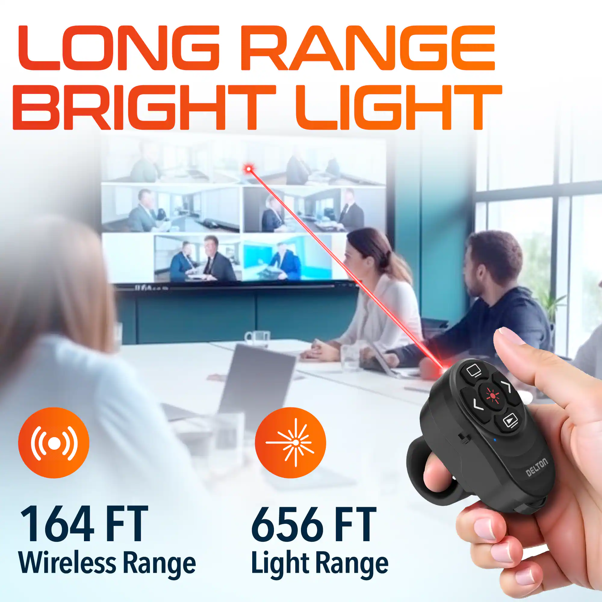 LONG RANGE BRIGHT LIGHT
164 FT Wireless Range
656 FT Light Range
DELTON