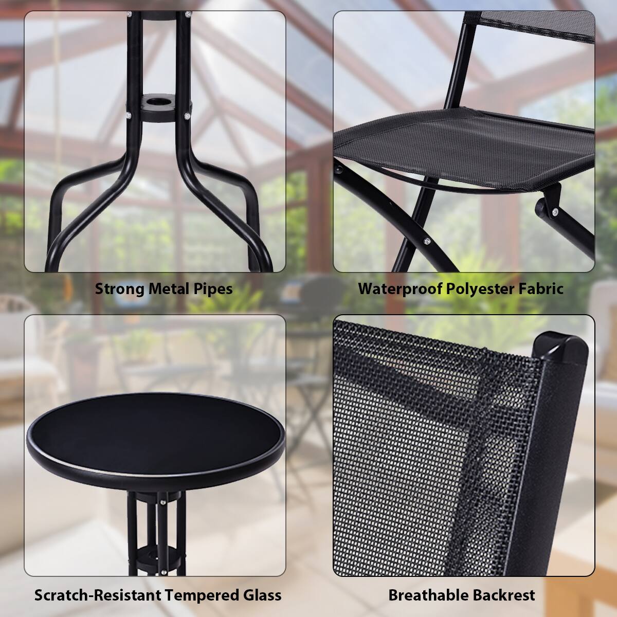 - Strong Metal Pipes
- Waterproof Polyester Fabric
- Scratch-Resistant Tempered Glass
- Breathable Backrest