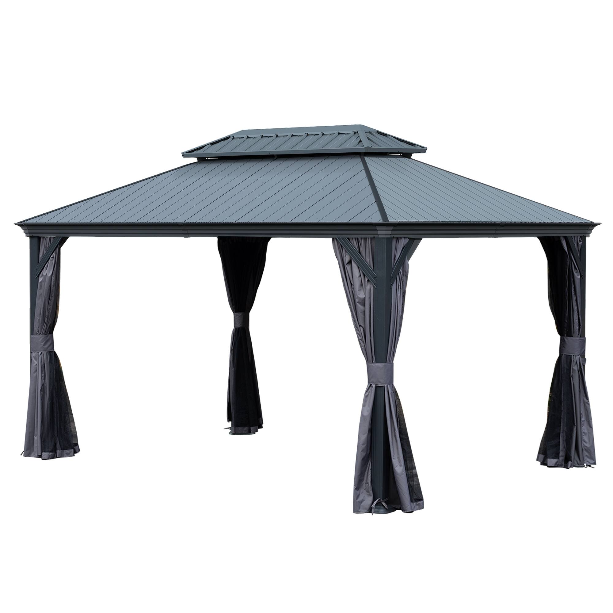 Left. Mondawe - 10x14 Metal Gazebo With Resin Roof ,Curtains and Mosquito Netting Included - Dark Gray.