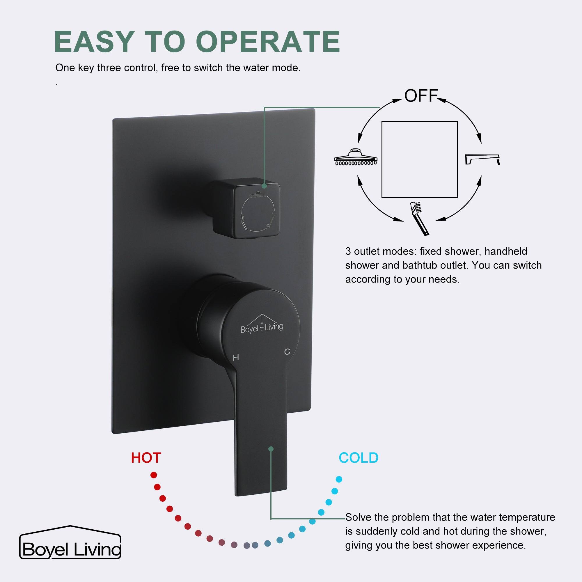 EASY TO OPERATE One key three control, free to switch the water mode. OFF 3 outlet modes: fixed shower, handheld shower and bathtub outlet. You can switch according to your needs. Boyel Living H C HOT COLD Boyel Living Solve the problem that the water temperature is suddenly cold and hot during the shower, giving you the best shower experience.