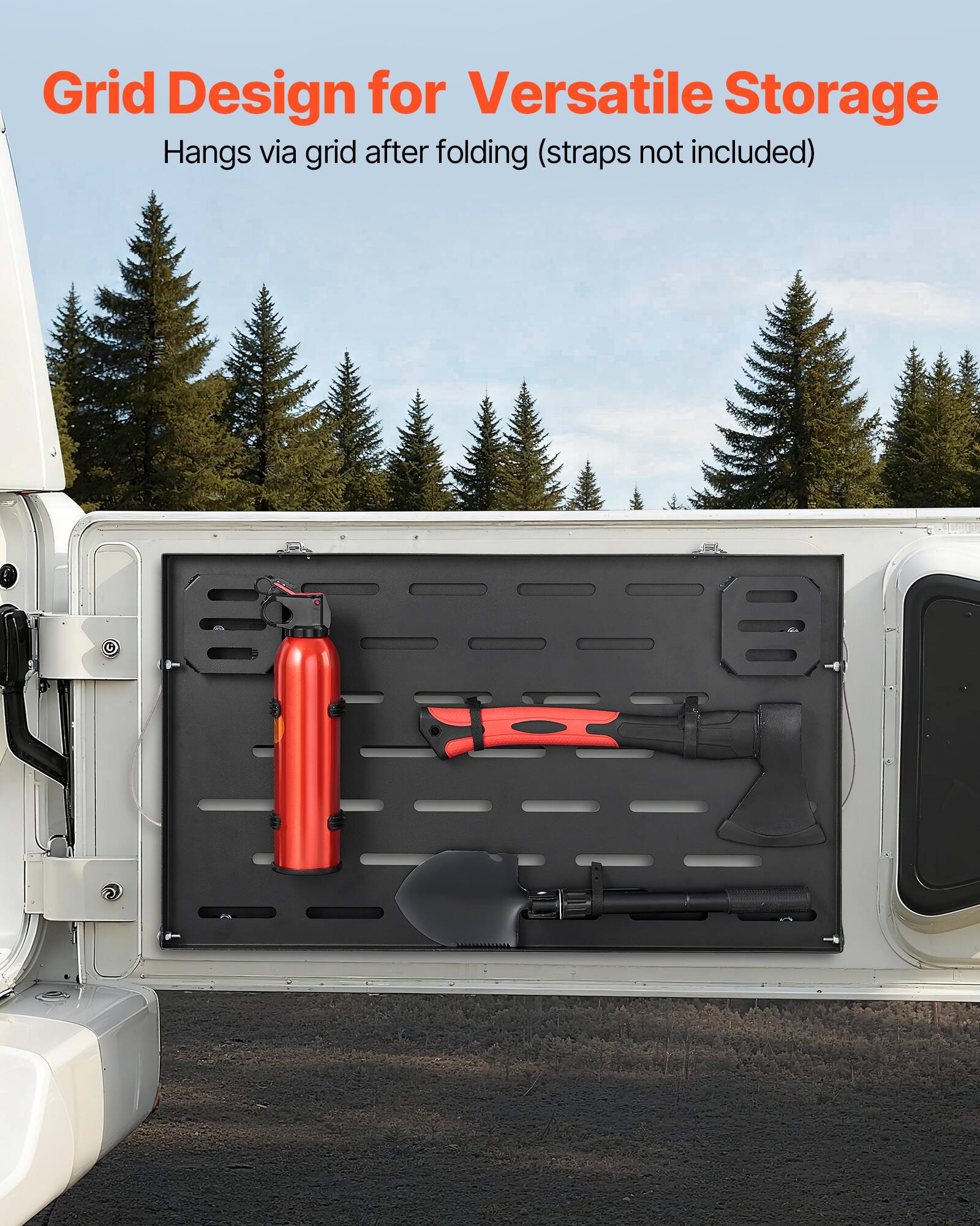 Grid Design for Versatile Storage  
Hangs via grid after folding (straps not included)