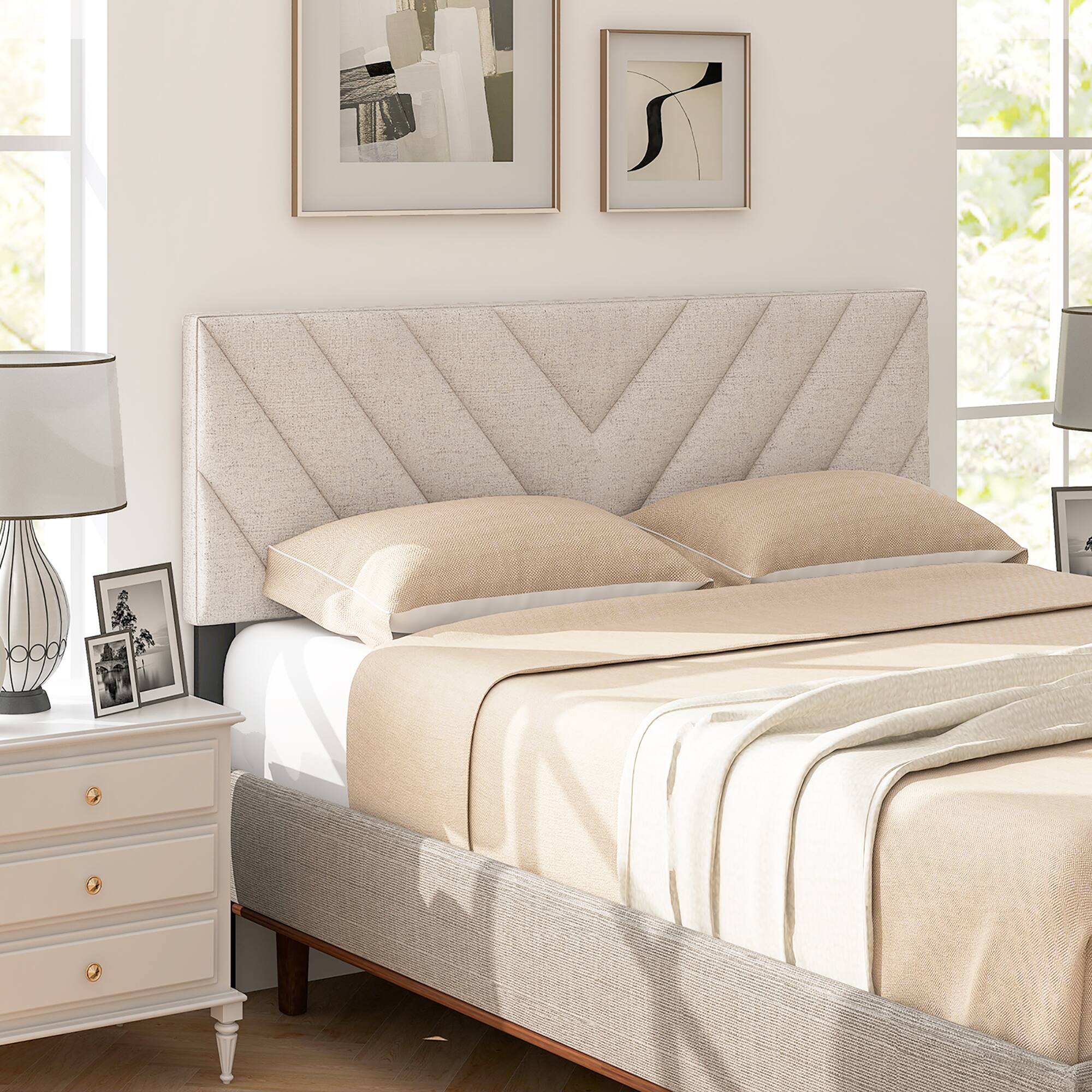 Alt View 4. Gymax - Gymax Linen Fabric Upholstered Headboard Rectangular Headboard w/ Solid Wood Legs - Beige.