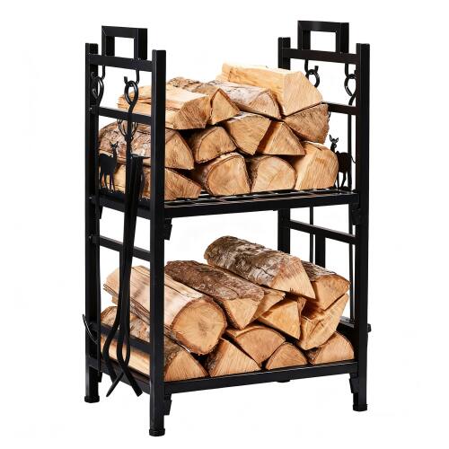 Front. Winado - 18in Heavy Duty Metal Firewood Log Rack Wood Storage Firewood Holder Indoor / Outdoor - Black.