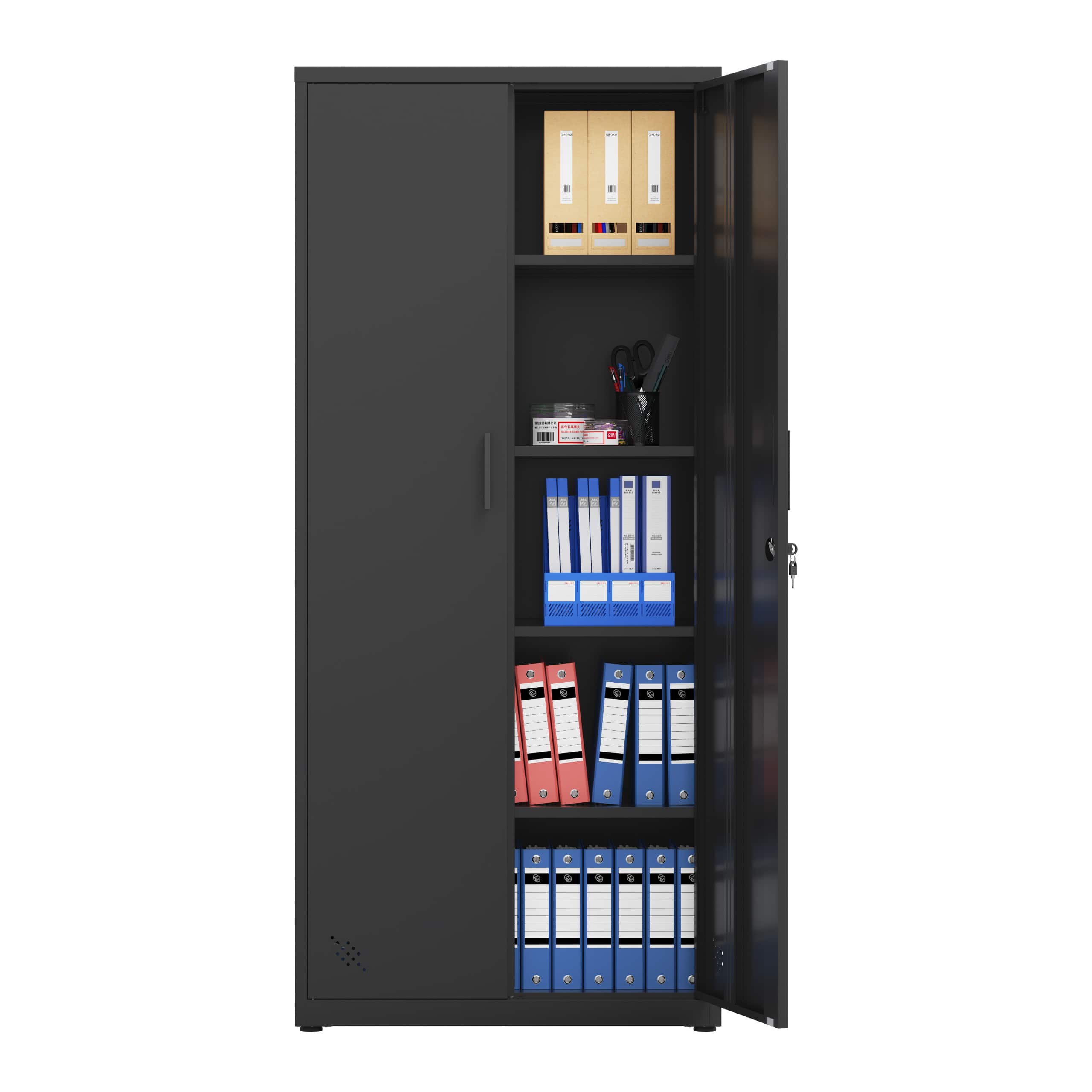 COWLOWN - High Storage Cabinet with 2 Doors & 4 Partitions 5 Storage Spaces Black Design for Home & Office
