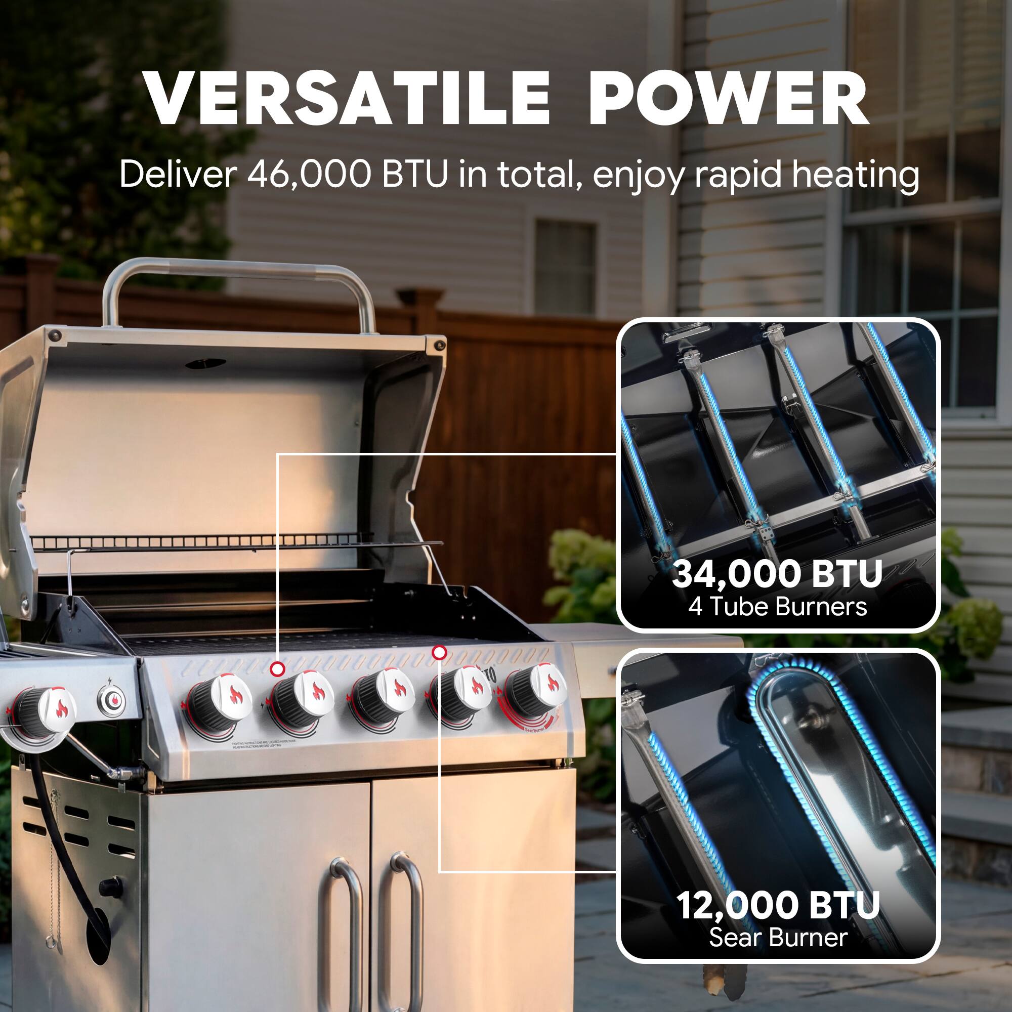 VERSATILE POWER  
Deliver 46,000 BTU in total, enjoy rapid heating  
34,000 BTU  
4 Tube Burners  
12,000 BTU Sear Burner