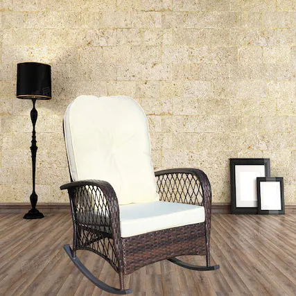 Front. Tiramisubest - Outdoor Wicker Rocking Chair with Wide Seat,Steel Frame & Thick Cushion for Patio,Garden,Backyard,Beige Cushion - Brown+Beige.