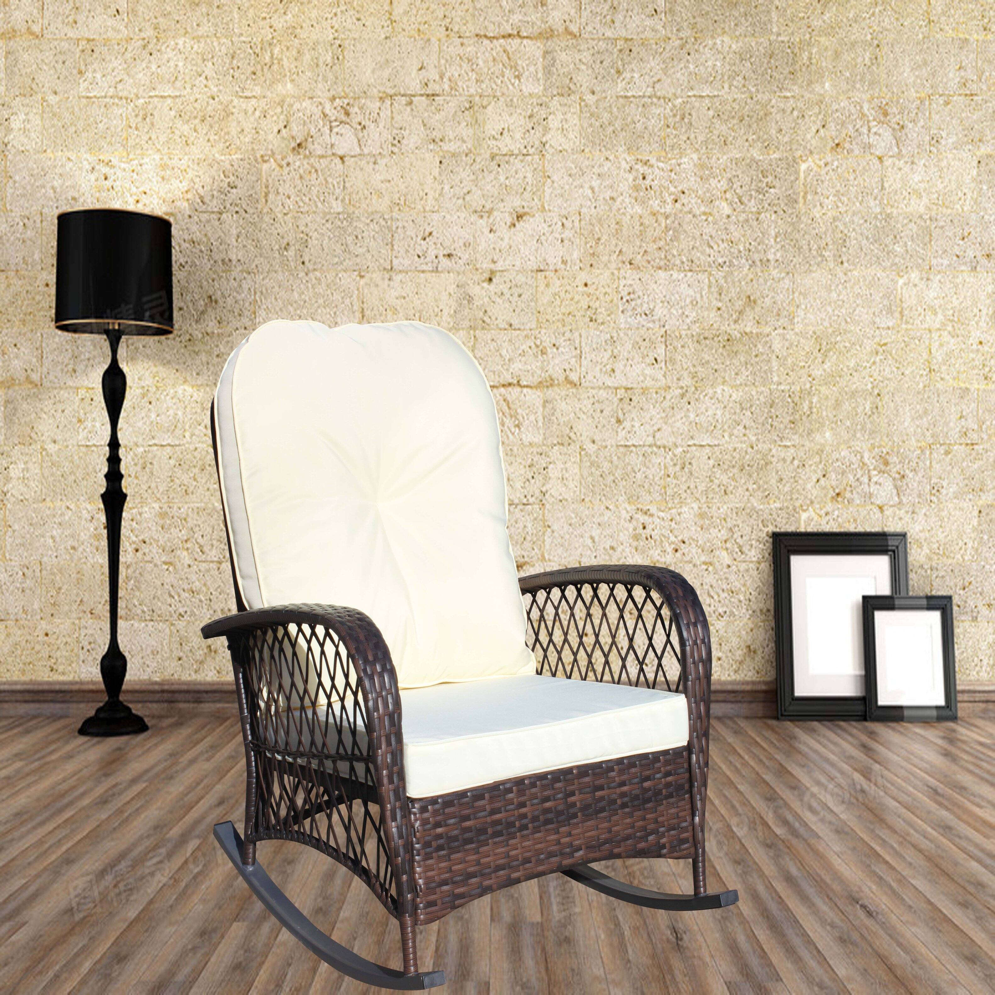 Front. Tiramisubest - Outdoor Wicker Rocking Chair with Wide Seat,Steel Frame & Thick Cushion for Patio,Garden,Backyard,Beige Cushion - Brown+Beige.