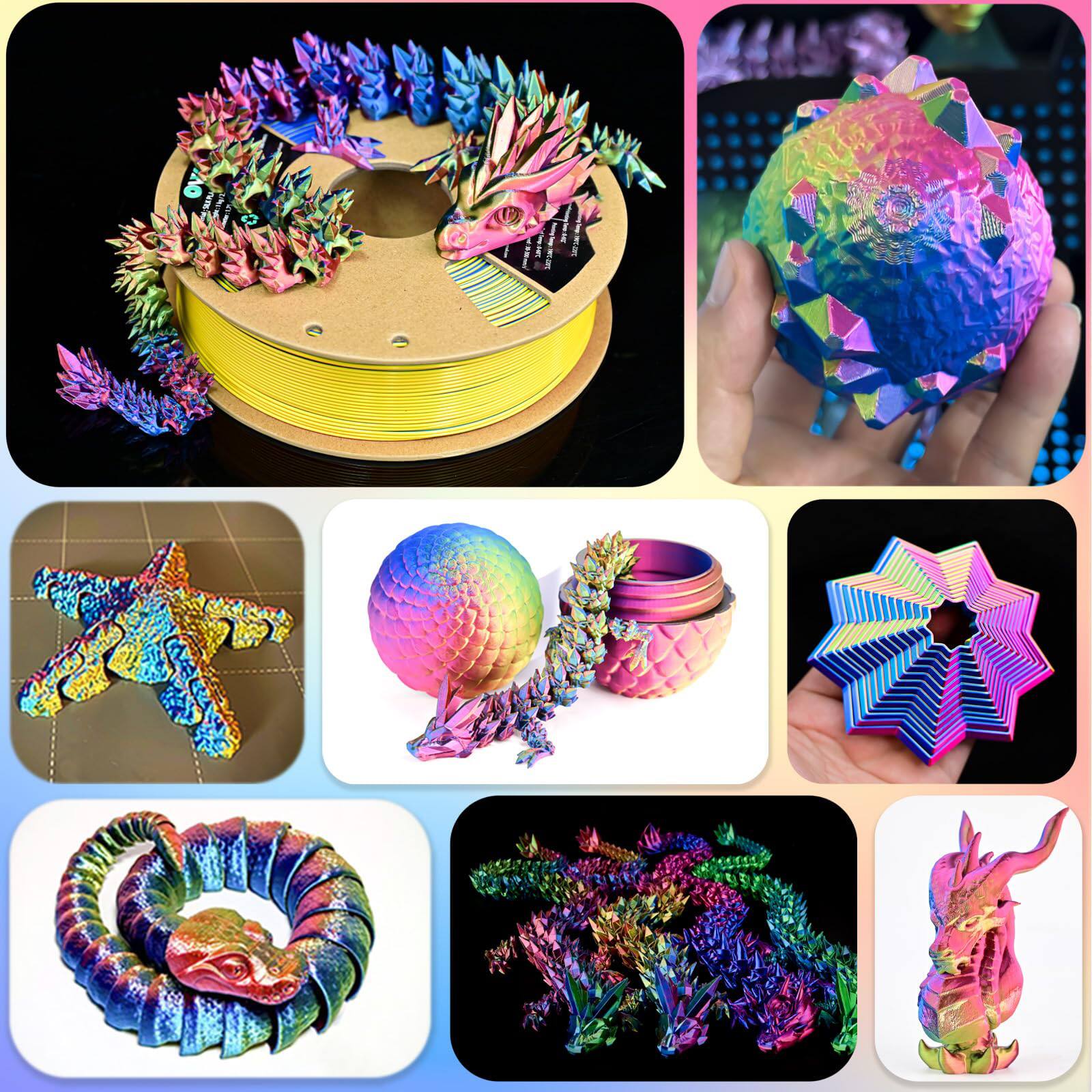 Alt View 1. GlowWise - Tri-Color Rainbow Silk PLA, 1.75mm/1KG. Red-Yellow-Blue gradient, shiny finish, ±0.02mm accuracy. - Tri-color Red Blue Yellow.