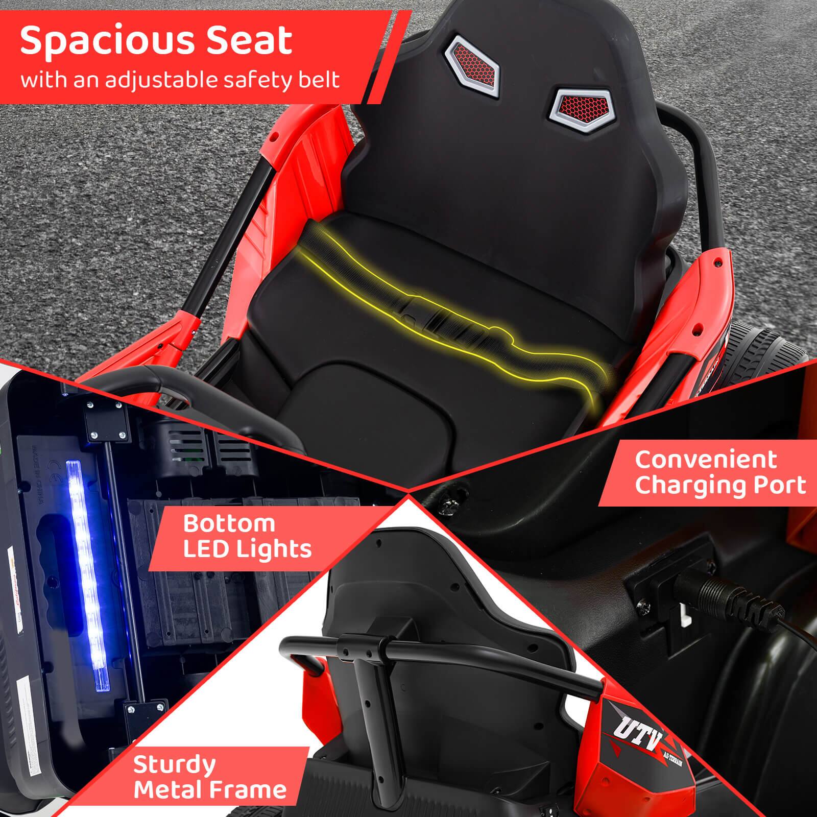 - Spacious Seat with an adjustable safety belt
- Bottom LED Lights
- Convenient Charging Port
- Sturdy Metal Frame