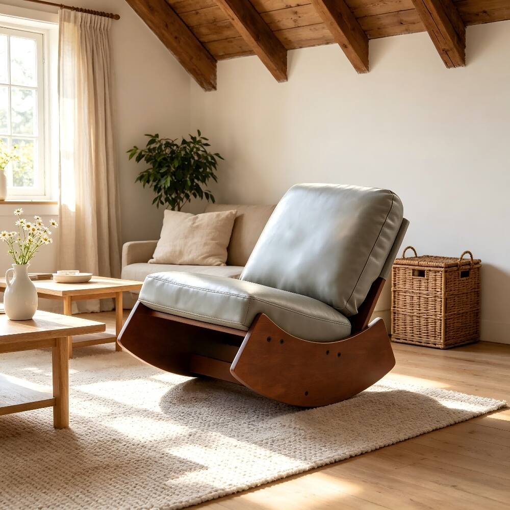 Angle. Loheer - Loheer Blue Faux Leather Glider Rocking Chair Solid Wood Frame Accent Reading Chair for Nursery Bedroom Living Room - Blue.