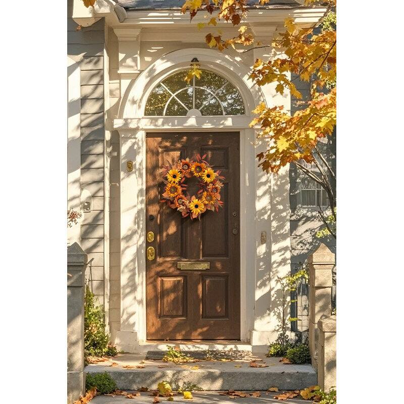 Angle. Siljoy - 22" Artificial Orange Sunflower Wreath - Burnt Orange .