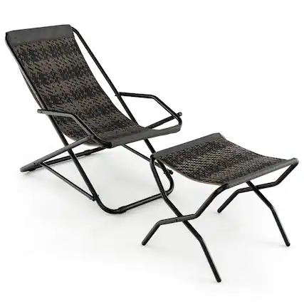 Front. Costway - Costway 1 PC Patio Folding Rattan Sling Lounge Chair Ottoman Rocking Footrests Armrest - Gray.