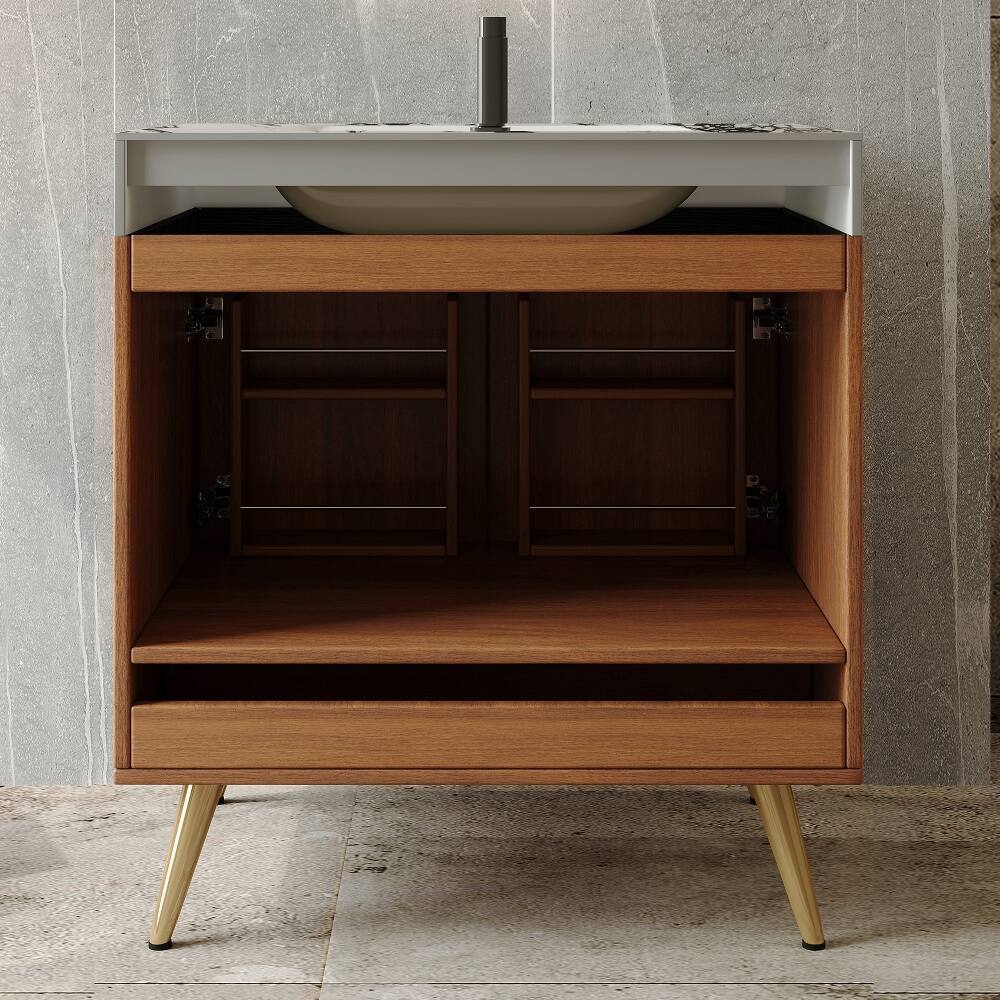 Alt View 3. Loheer - Loheer 30 inch bathroom vanity Freestanding Faux Marble Top Ceramic Sink Walnut - Walnut.