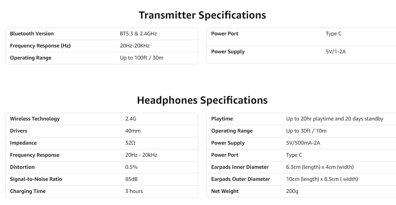 **Transmitter Specifications**

- **Bluetooth Version:** BT5.3 & 2.4GHz
- **Frequency Response (Hz):** 20Hz-20kHz
- **Operating Range:** Up to 100ft / 30m
- **Power Port Type:** Type C
- **Power Supply:** 5V/1-2A

**Headphones Specifications**

- **Wireless Technology:** 2.4G
- **Drivers:** 40mm
- **Impedance:** 32Ω
- **Frequency Response:** 20Hz-20kHz
- **Distortion:** 0.5%
- **Signal-to-Noise Ratio:** 85dB
- **Charging Time:** 3 hours
- **Playtime:** Up to 20hr playtime and 20 days standby
- **Operating Range:** Up to 30ft / 10m
- **Power Supply:** 5V/500mA-2A
- **Power Port Type:** Type C
- **Earpads Inner Diameter:** 6.3cm (length) x 4cm (width)
- **Earpads Outer Diameter