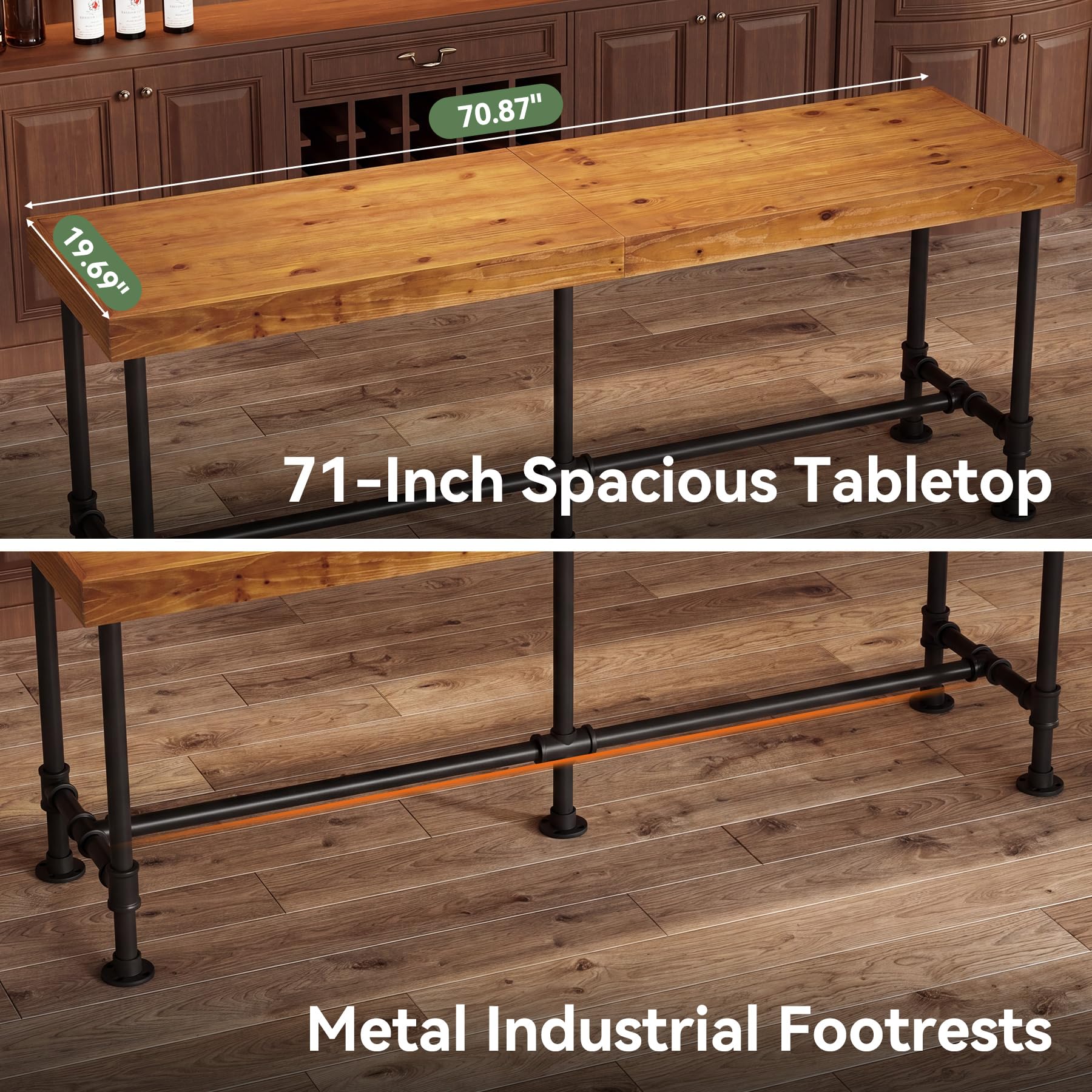 19.69" 70.87"  
71-Inch Spacious Tabletop  
Metal Industrial Footrests