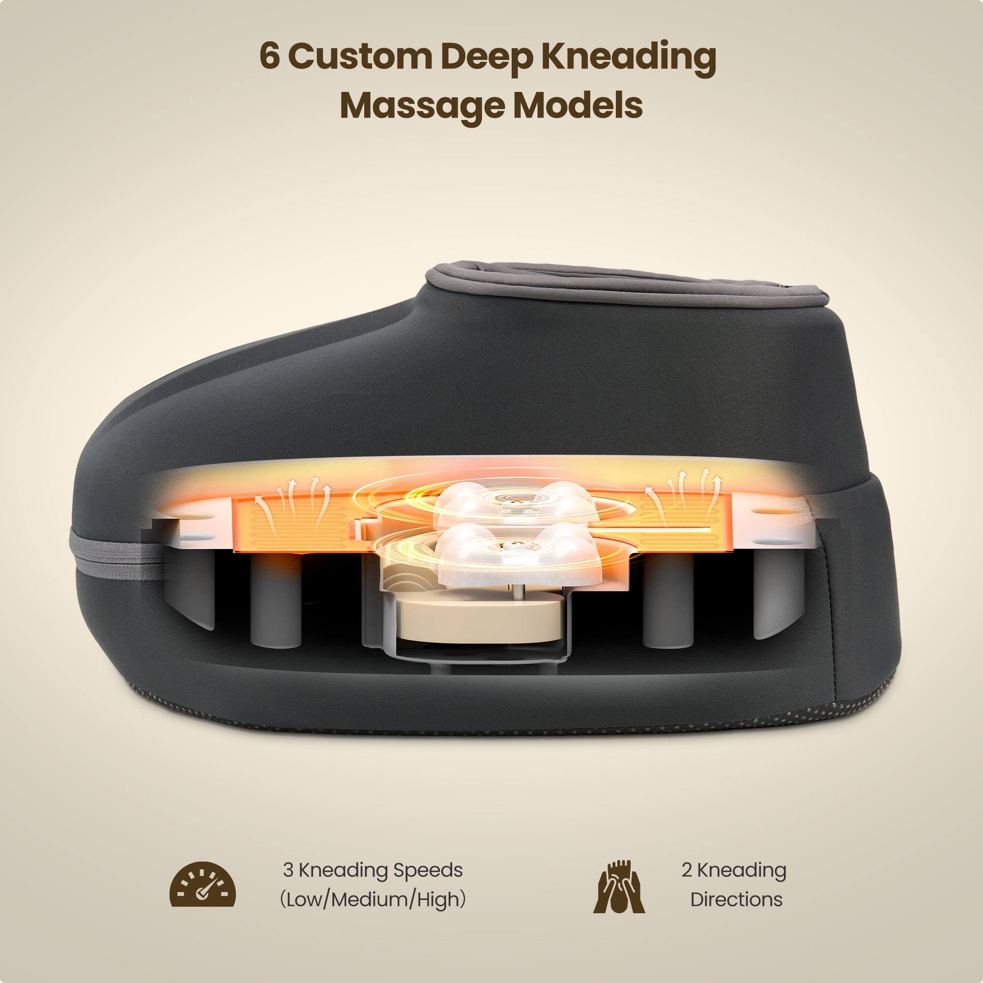 6 Custom Deep Kneading Massage Models  
3 Kneading Speeds (Low/Medium/High)  
2 Kneading Directions
