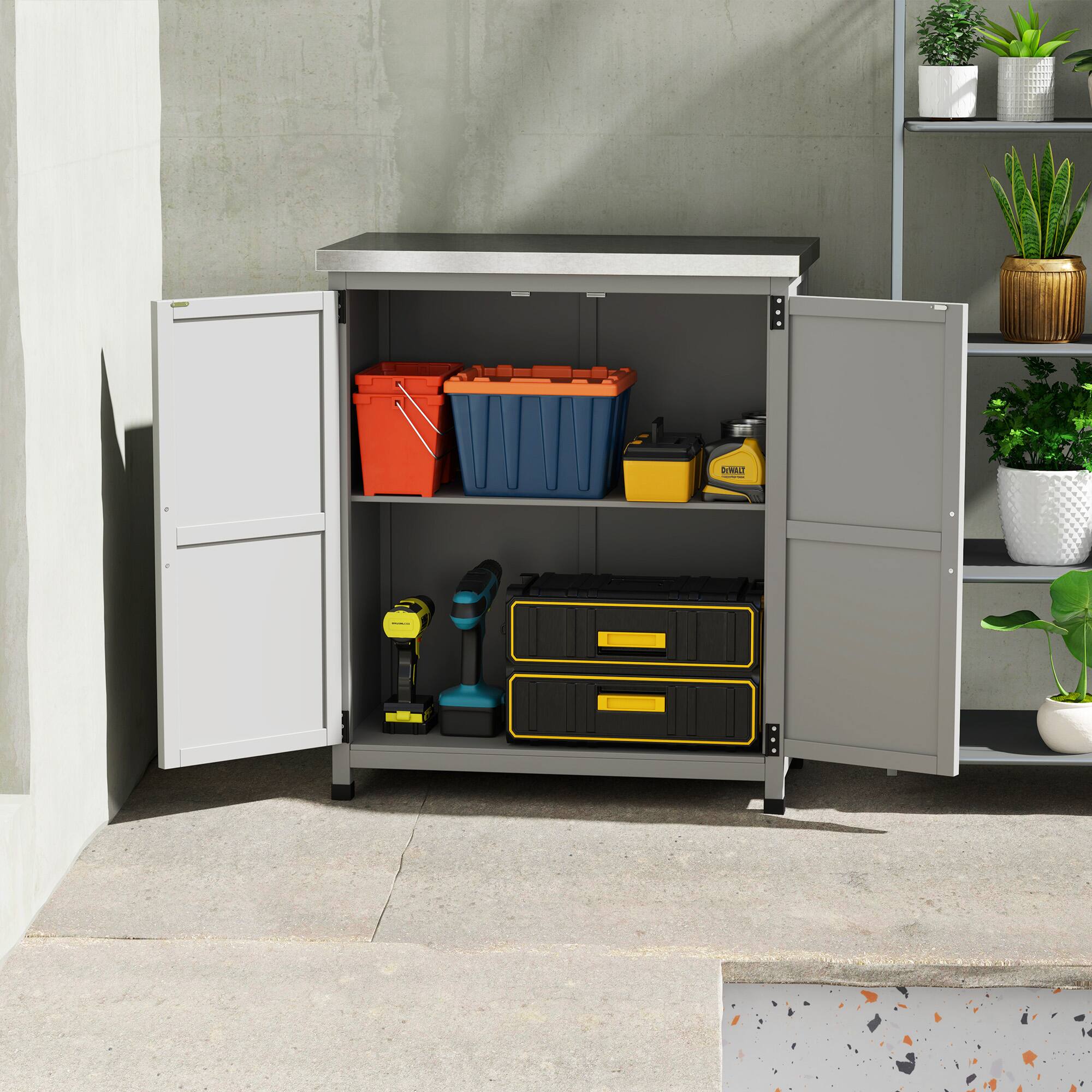 Alt View 8. Outsunny - Outdoor Storage Cabinet, Wooden Tool Storage Box with Metal Tabletop and Shelf, Potting Bench Table with Double Doors.