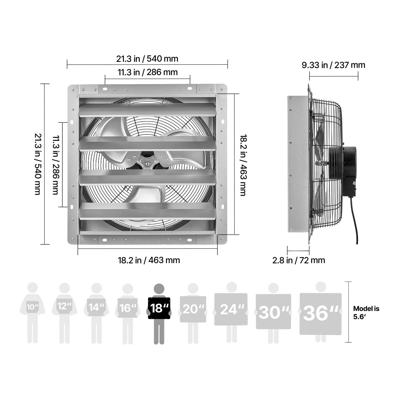 21.3 in / 540 mm  
11.3 in / 286 mm  
9.33 in / 237 mm  
18.2 in / 463 mm  
2.8 in / 72 mm  

10" 12" 14" 16" 18" 20" 24" 30" 36"  

Model is 5.6'