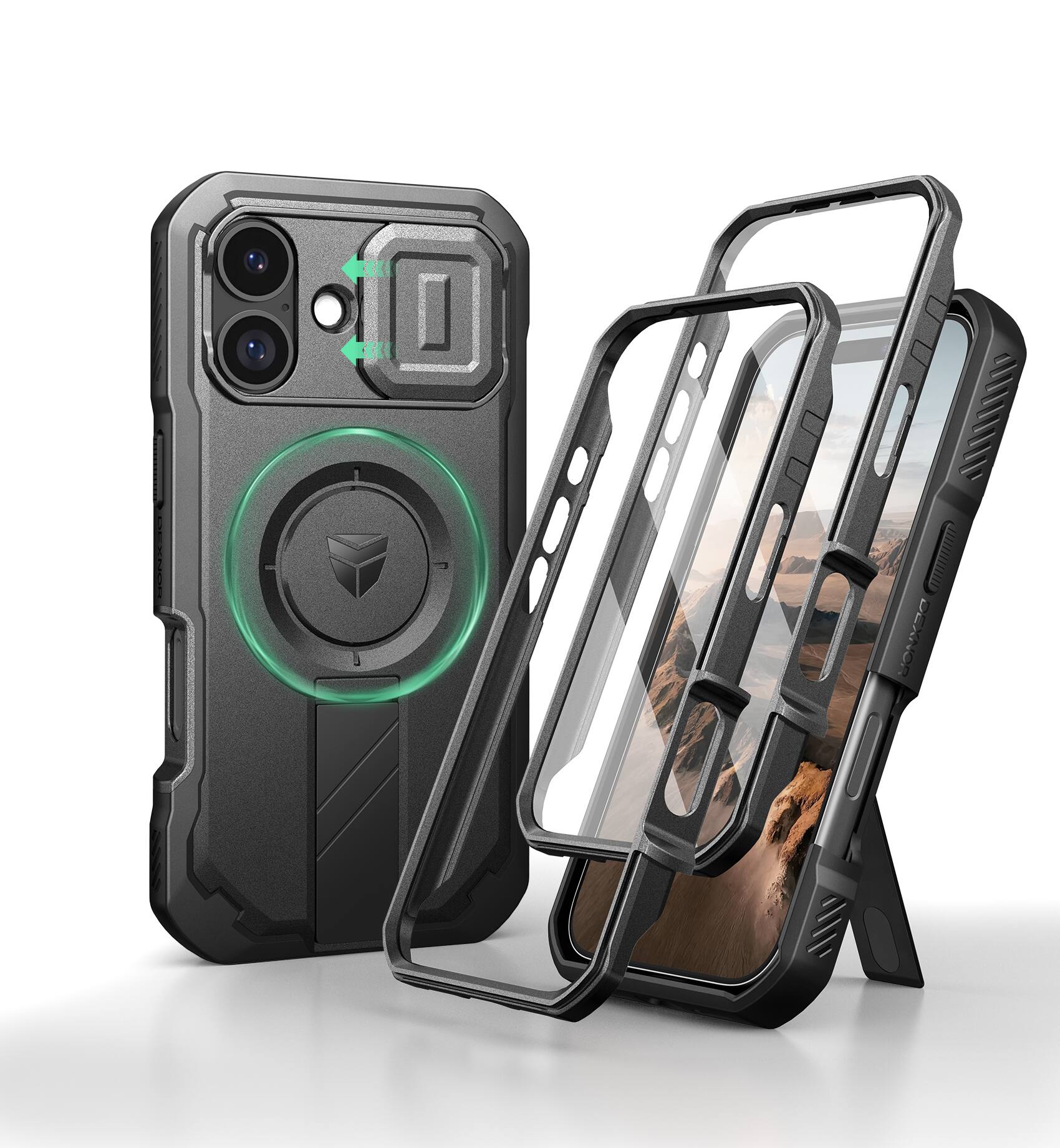 Angle. dexnor - Dexnor Case for iPhone 17 Compatible with MagSafe, Rugged Bumper Cases Magnetic Protective Cover, Black - Army Green.