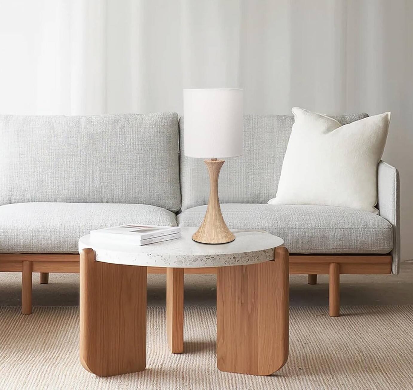 Alt View 3. FINEAK - Modern Dimmable Touch Control Bedside Lamp with LED Bulb - Wood Grain Base with White Shade.