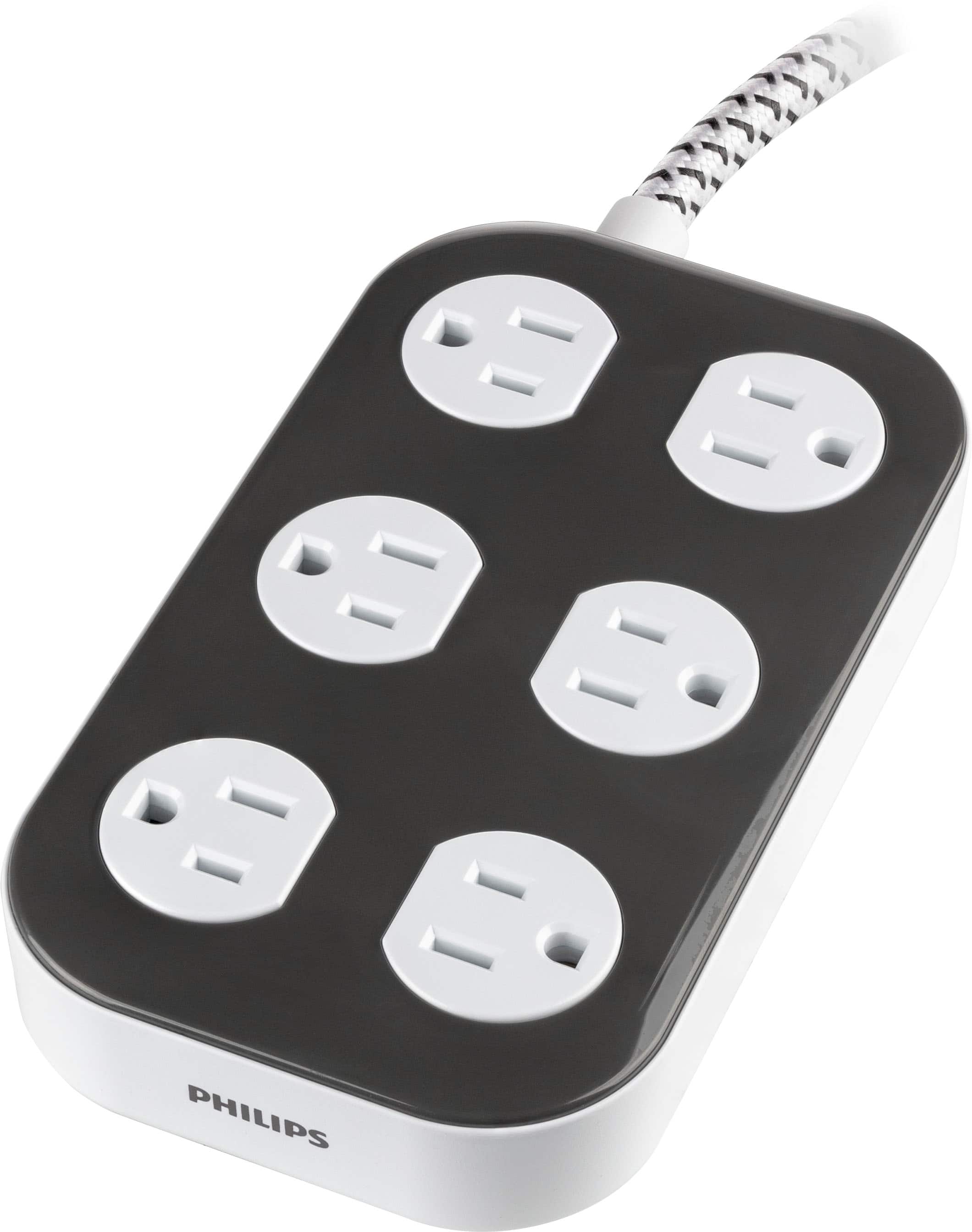 Alt View 1. Philips - Surge Protector, 6 Grounded Outlets, 1225J, Braided Cord, 6ft - Dark Gray & Artic White.