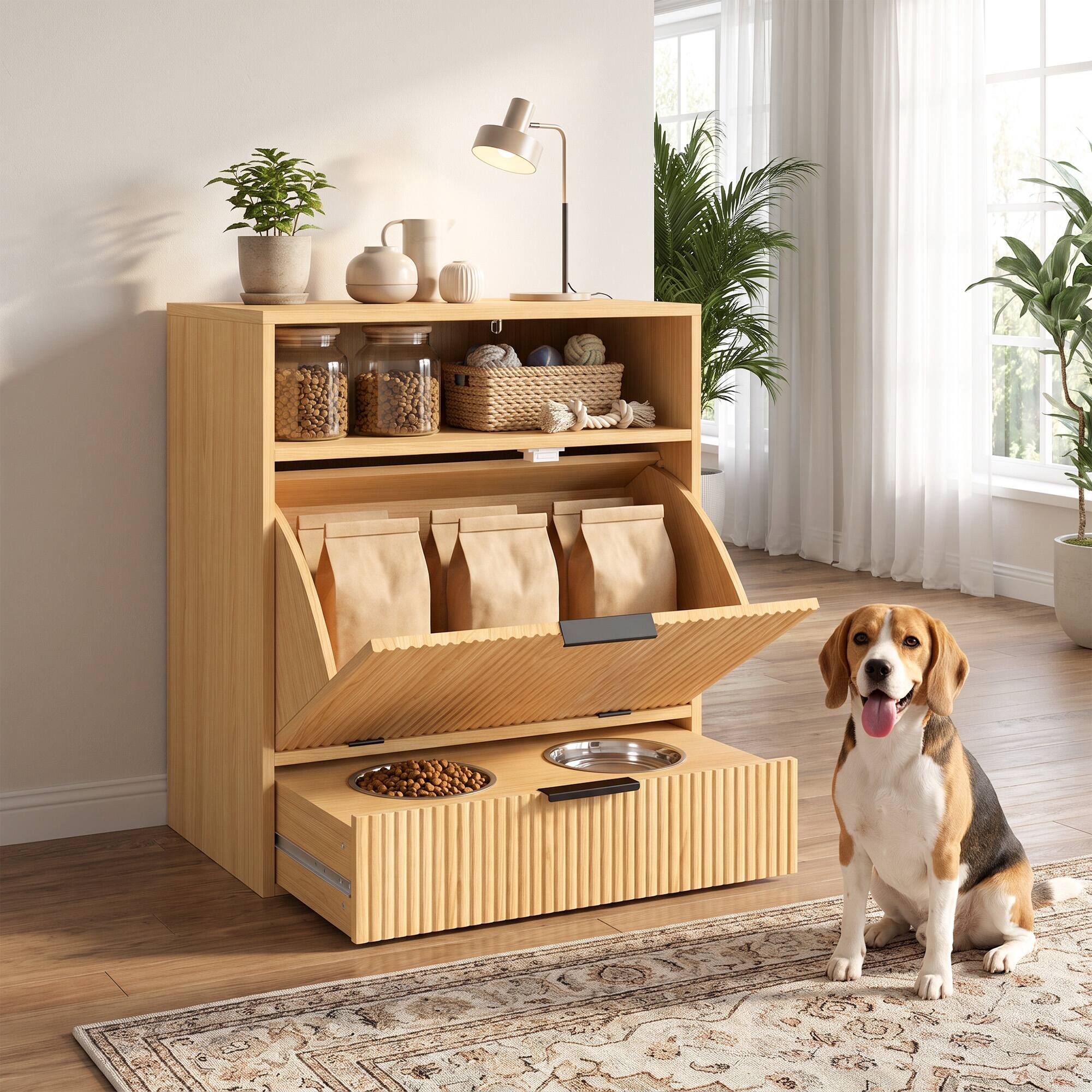 Alt View 8. Pawhut - Feeding Station with Storage, Hidden Pet Feeding Station with 2 Elevated Bowls - Oak.
