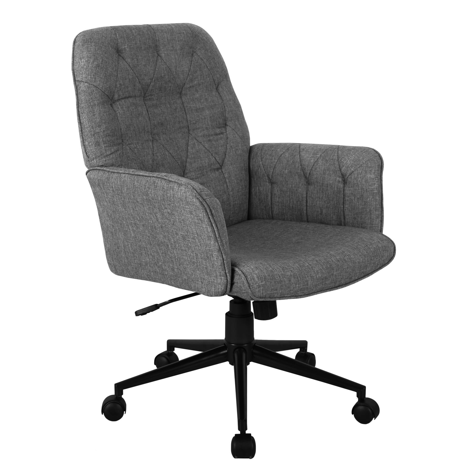 Angle. GOODSILO - Modern Upholstered Tufted Office Chair with Fixed Arms for Home and Workspace Ergonomics - Gray.
