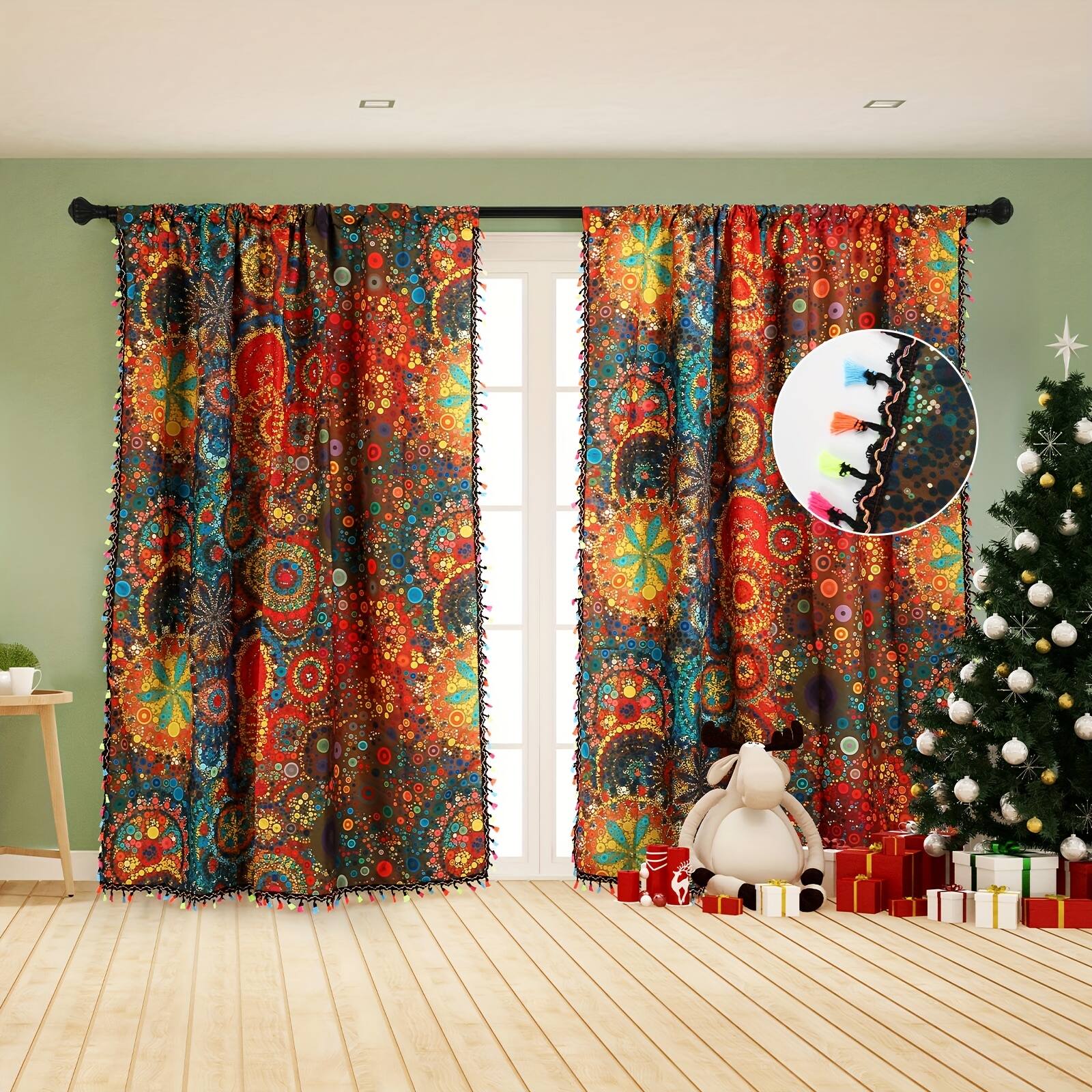Left. Oumilen - 2-Pack Boho Mandala Curtains, Colorful Circle Print Window Curtains with Multicolor Tassels Rod Pocket 52x96 Inch - Multicolor.