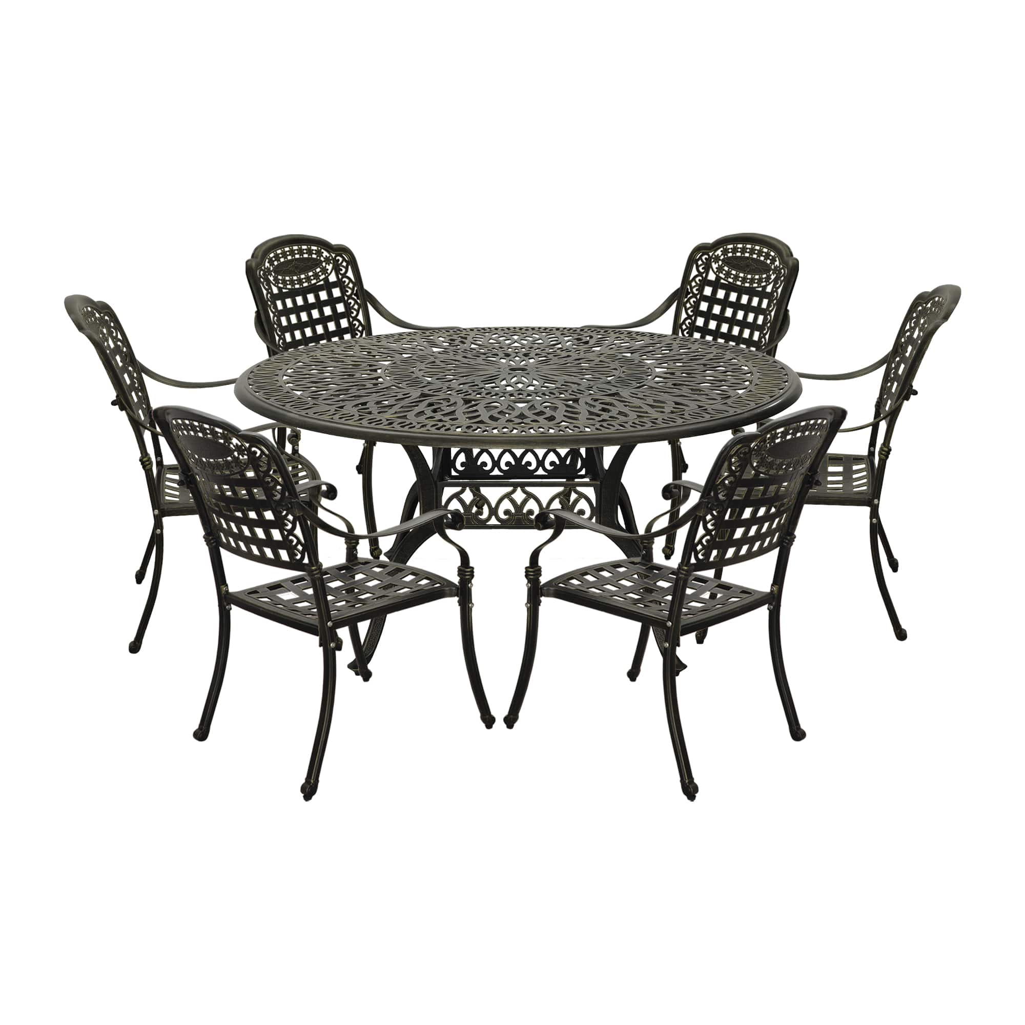 Mondawe - 7-Piece Cast Aluminum Dining Set with Round Table and 6 Chairs - Bronze