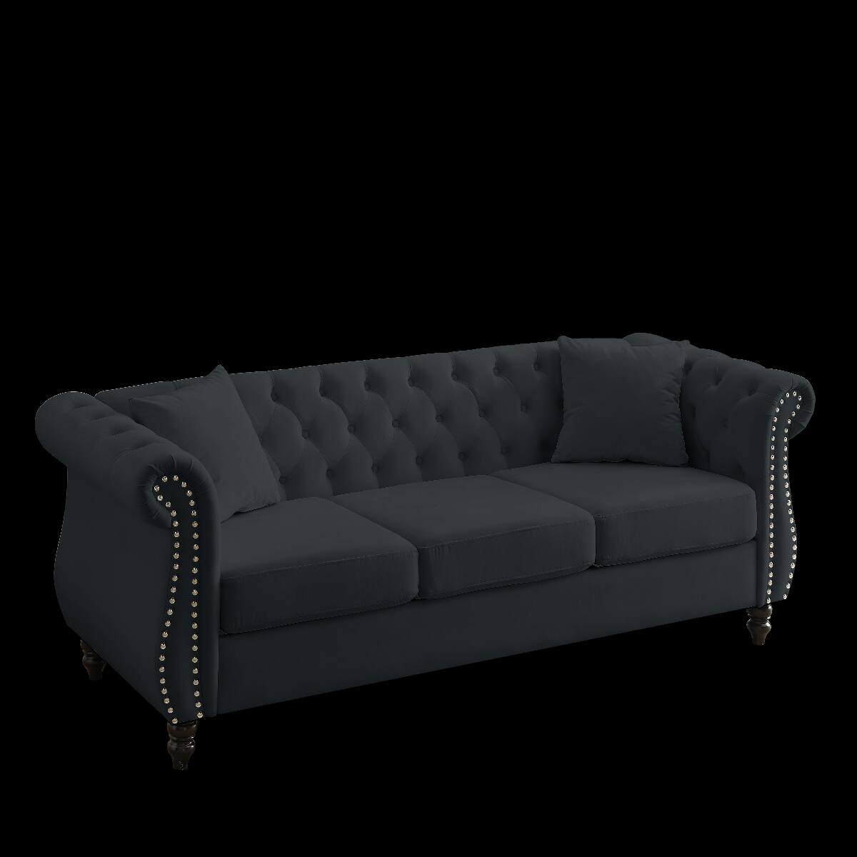 Alt View 7. Ropilly - Ropilly 80 Inch Black Velvet Chesterfield Sofa, 3 Seater Tufted Couch with Rolled Arms and Nailhead Trim - Black.