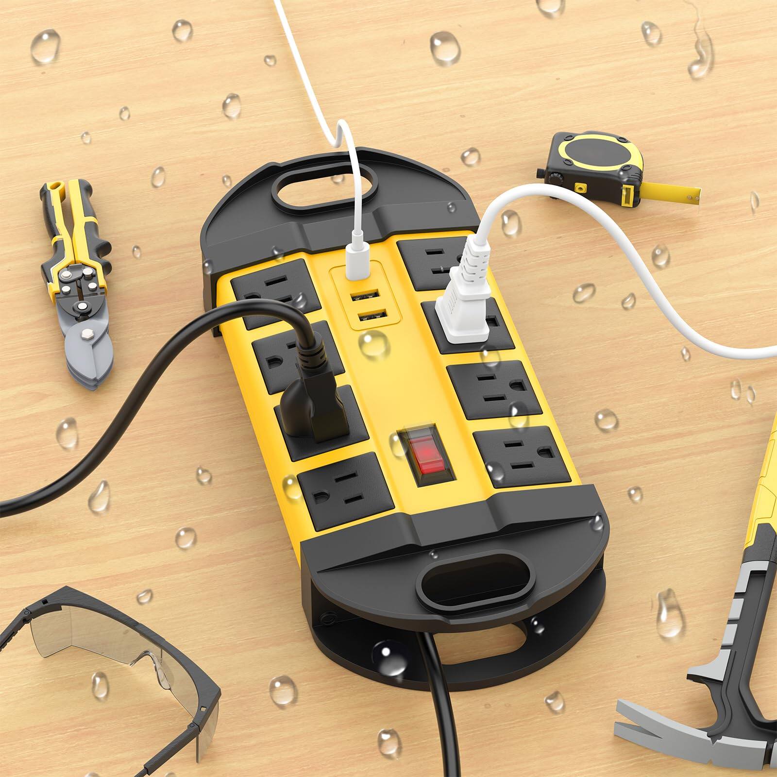 Angle. Dazzed Corner - Outdoor Weatherproof 8 Outlet Power Strip, 6 FT Extension Cord - Yellow.