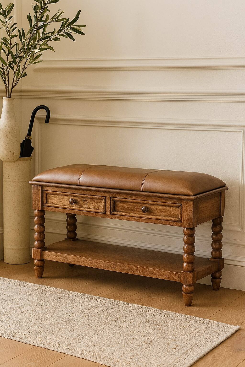Alt View 6. Artisan Furniture - Artisan Furniture Solid Wood Leather Spindle Bench, Brown, 2 Drawer - Brown.