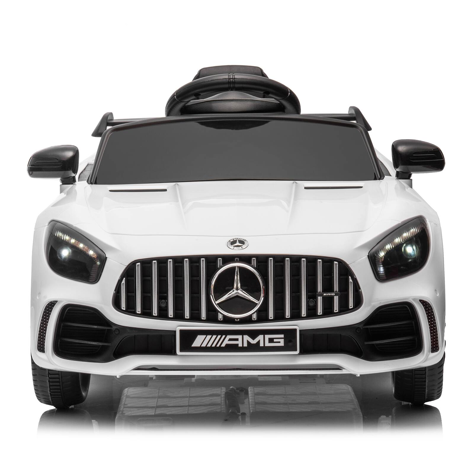 Angle. Winado - 12V Ride on Car, Licensed Mercedes Benz AMG GTR Battery Powered Electric Vehicle, w/Parent Remote, Wider Seat, LED Light - White.