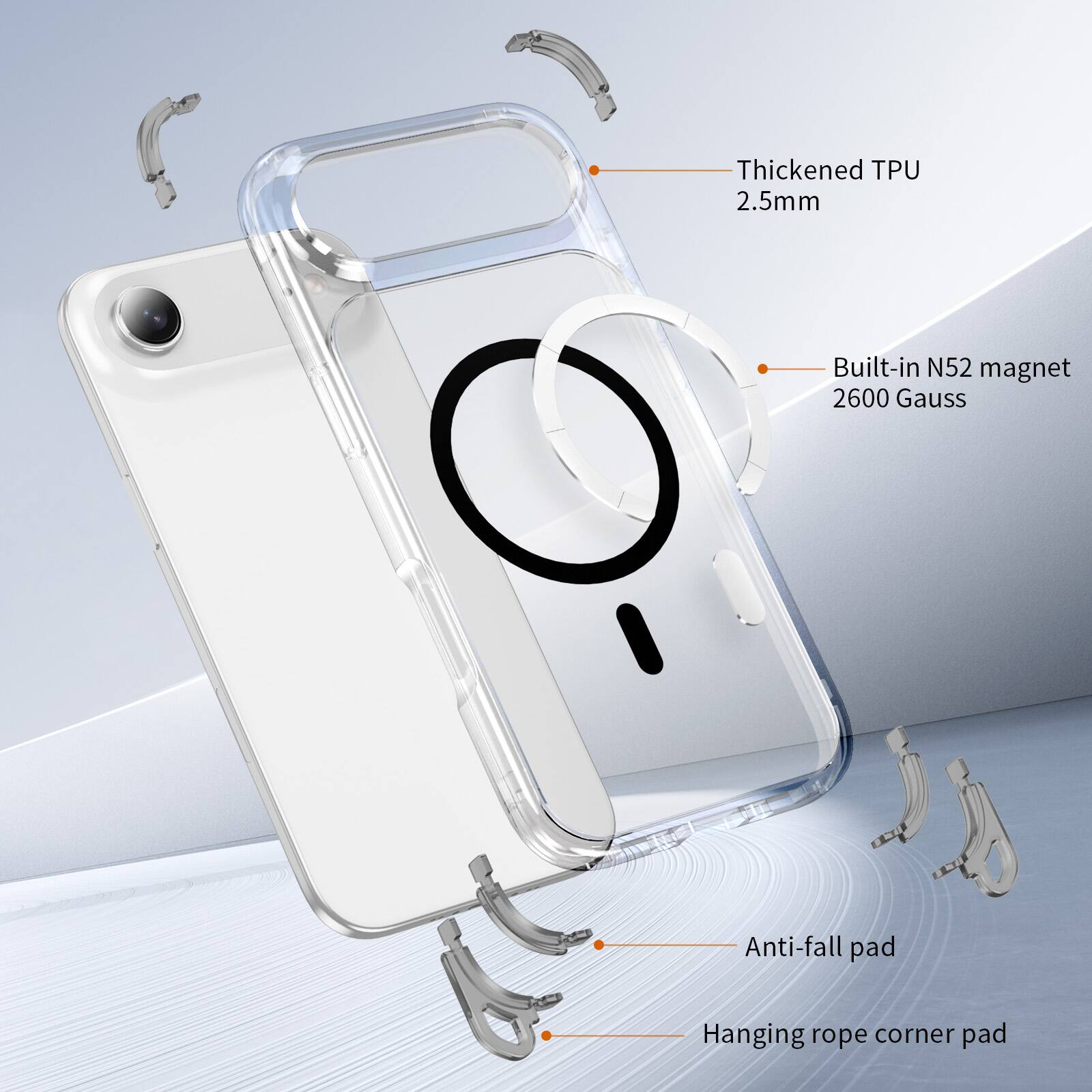 Thickened TPU 2.5mm  
Built-in N52 magnet 2600 Gauss  
Anti-fall pad  
Hanging rope corner pad