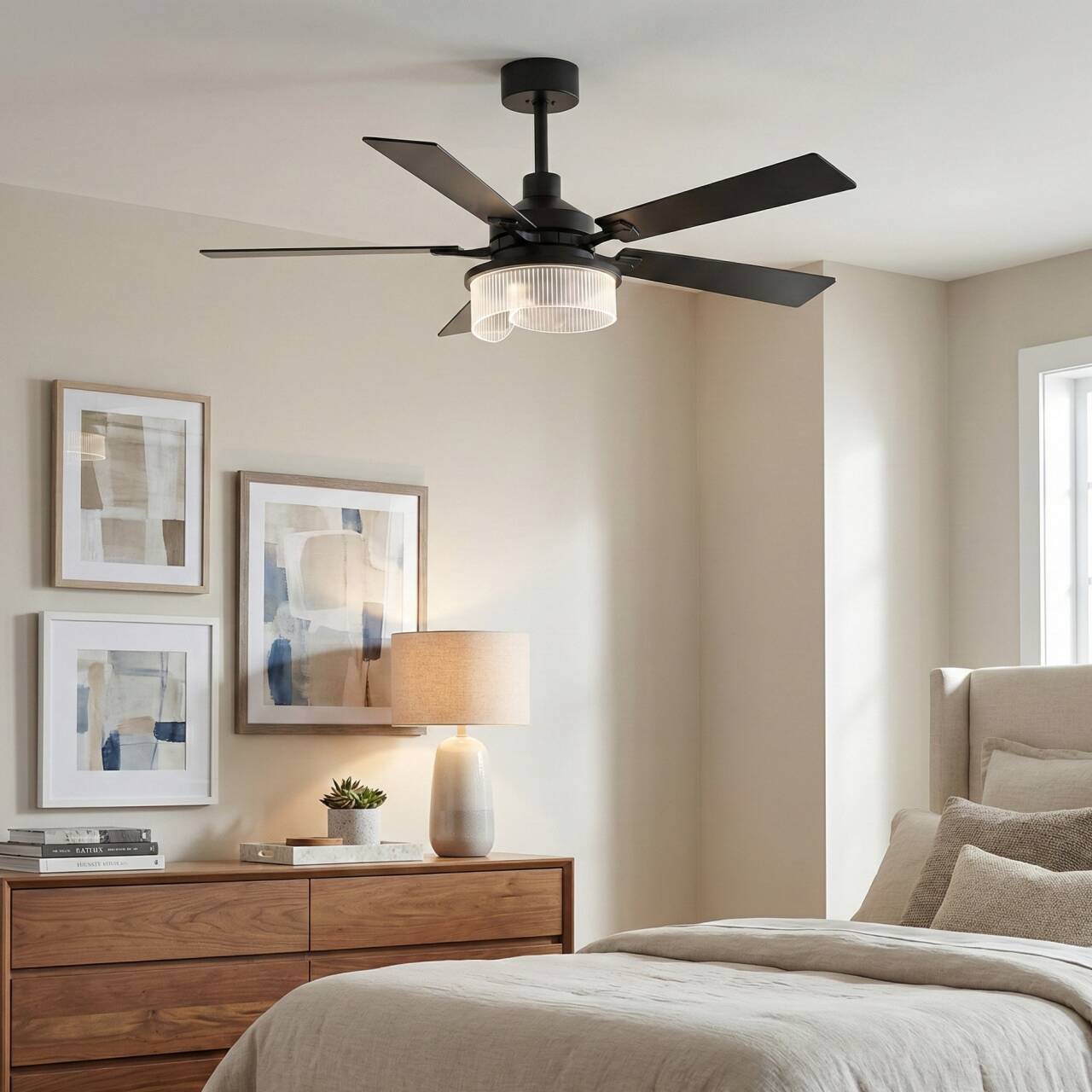 Left. Parrot Uncle - 52-inch Modern Matte Black Stepless Dimming 3CCT Integrated LED Ceiling Fan with Reversible Blades - Black.