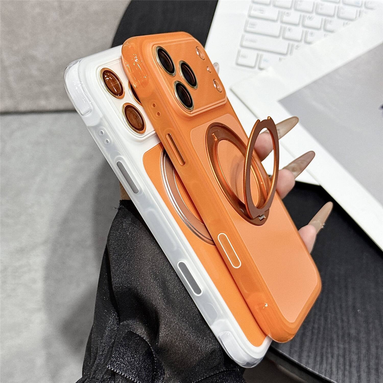 Back. Dteck - for Apple iPhone 17 Pro Max Magnetic Case with Ring Stand,Matte Back Shockproof PC TPU Cover Bulit in Full Lens Cover - Red.