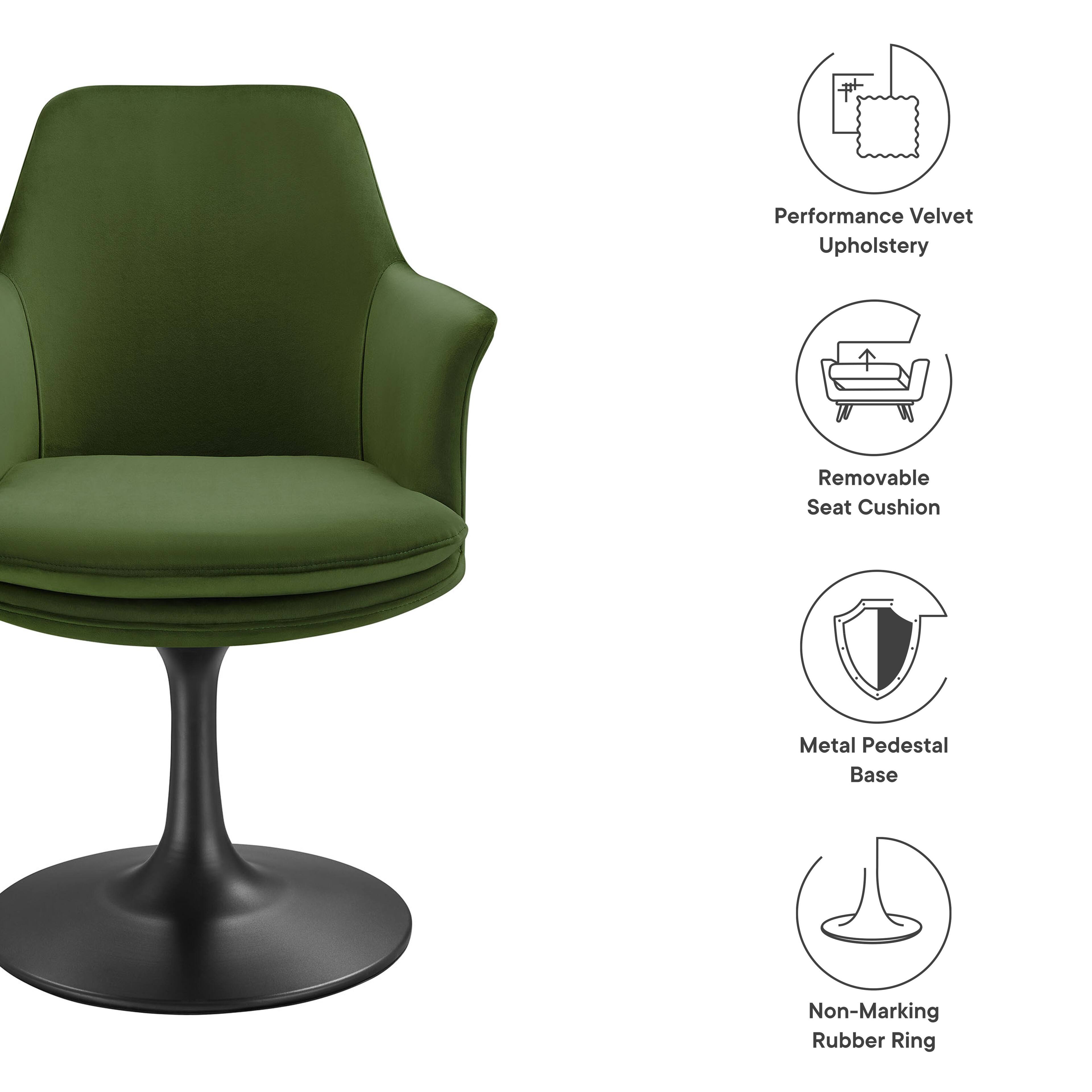 - Performance Velvet Upholstery
- Removable Seat Cushion
- Metal Pedestal Base
- Non-Marking Rubber Ring