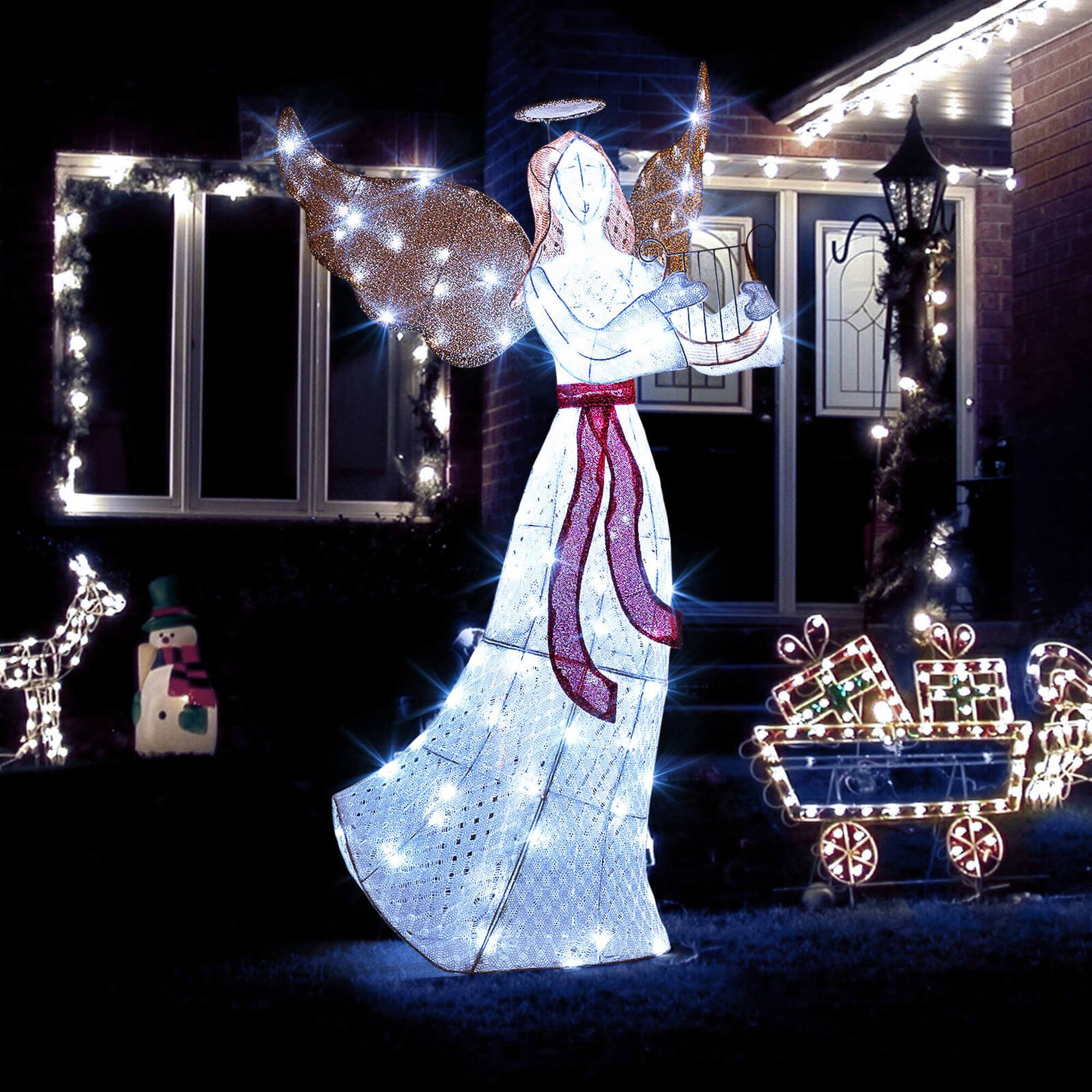 Alt View 3. Costway - Costway 5 FT Lighted Angel with Harp LED Lights Halo Zip Ties & Ground Stakes Christmas - White.