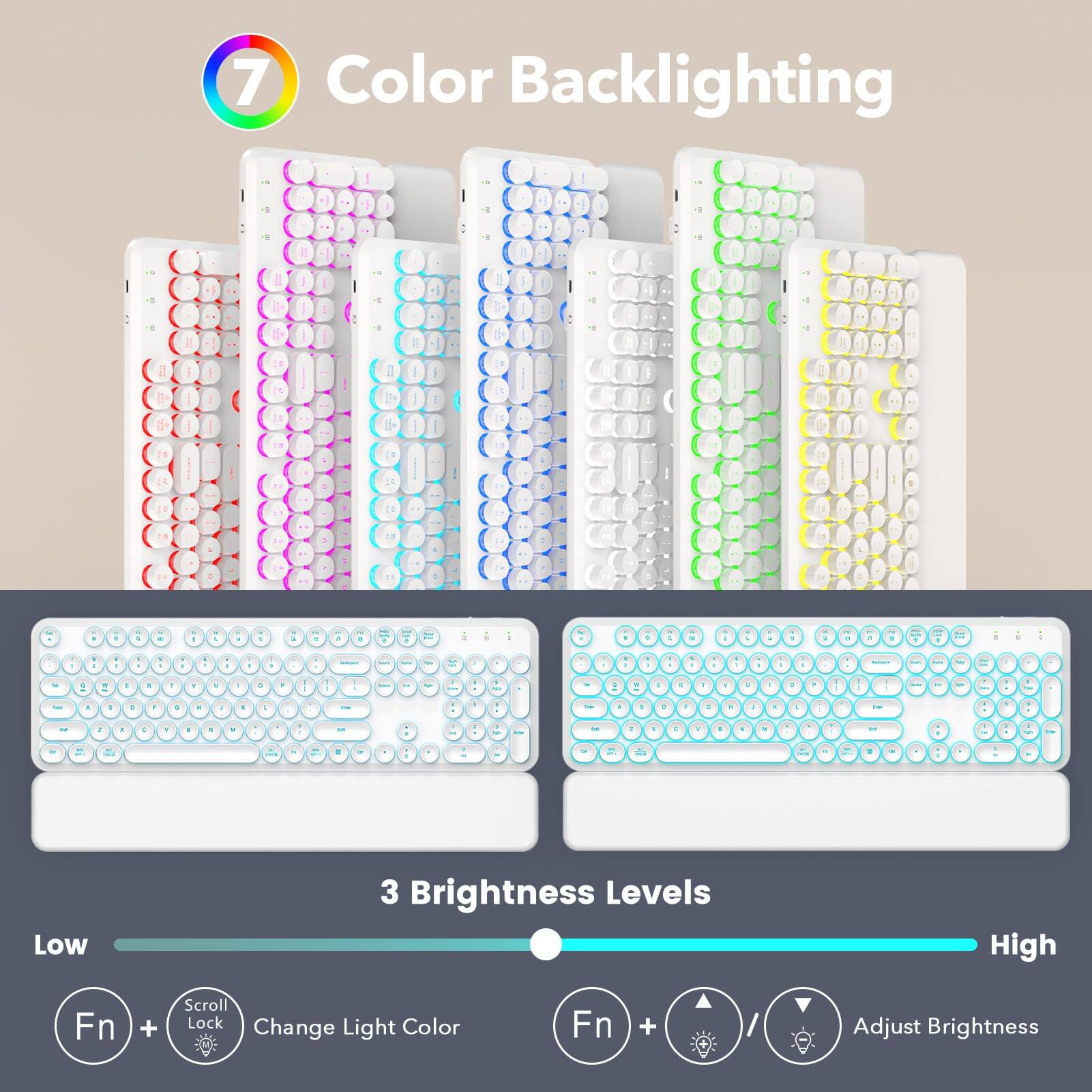 7 Color Backlighting

3 Brightness Levels

Low
High

Fn + Scroll Lock Color Change Light

Fn + Adjust Brightness