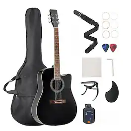 Glintex - 41" Cutaway Acoustic Guitar, Solid Spruce Top, 6-String, Beginner Bundle with Gig Bag, Tuner, Capo, Picks, Strap - Black
