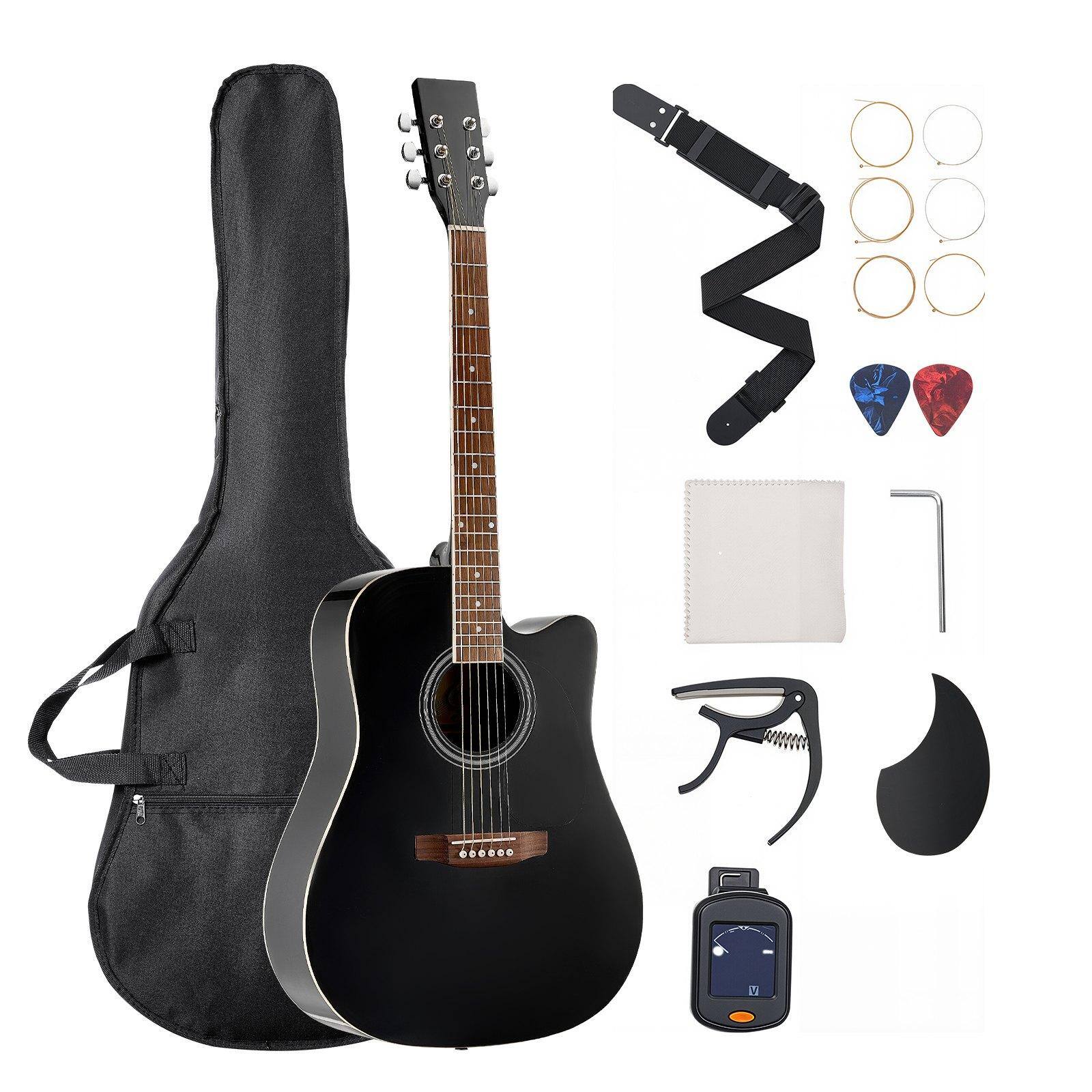 Front. Glintex - 41" Cutaway Acoustic Guitar, Solid Spruce Top, 6-String, Beginner Bundle with Gig Bag, Tuner, Capo, Picks, Strap - Black.