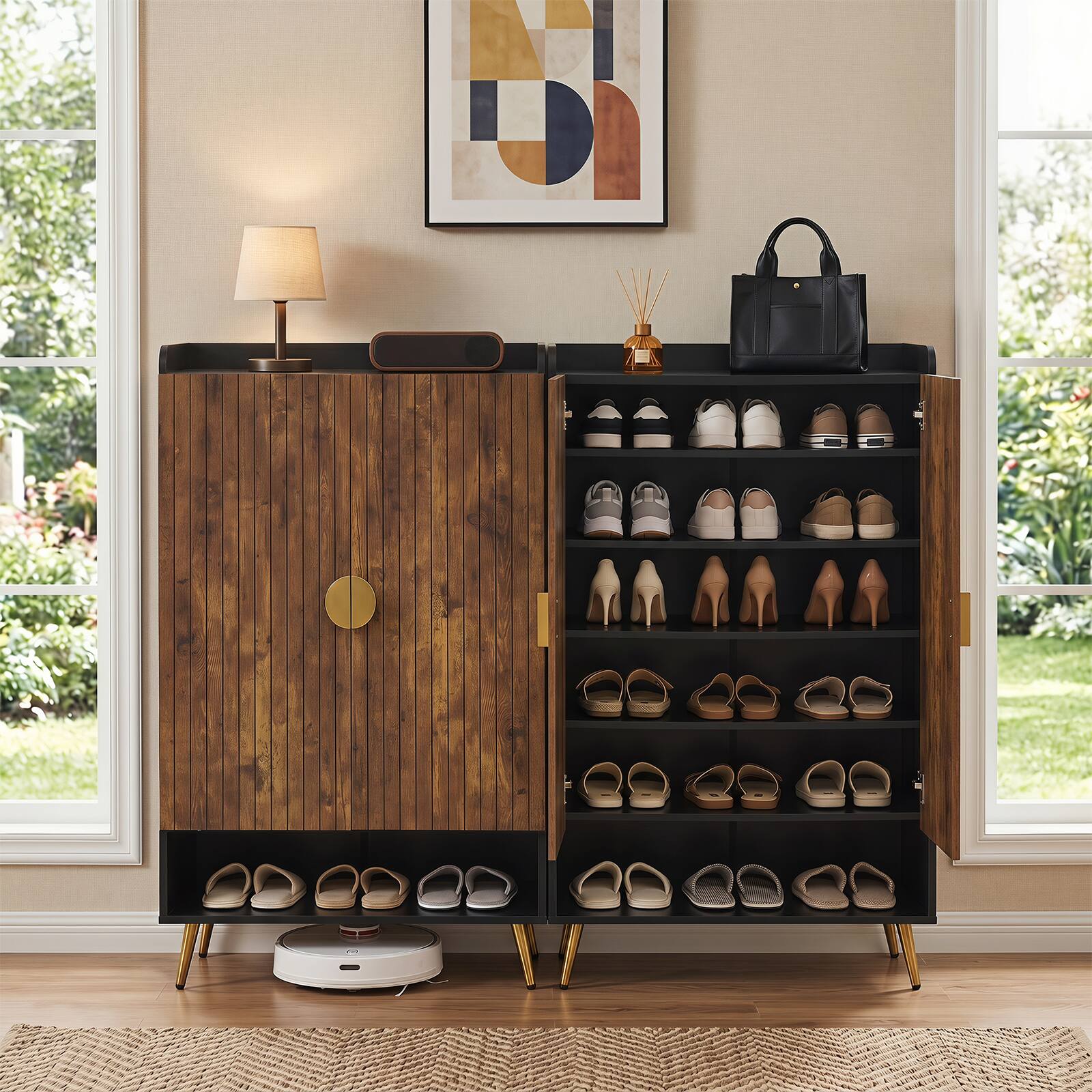 Alt View 4. Costway - Costway 44" 7-Tier Tall Shoe Storage Cabinet with Doors, Adjustable Shelves & Metal Legs - Rustic Brown + Black.