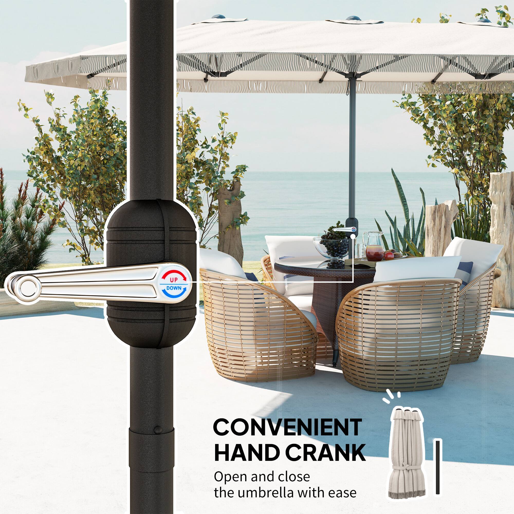 CONVENIENT HAND CRANK
Open and close the umbrella with ease
UP DOWN