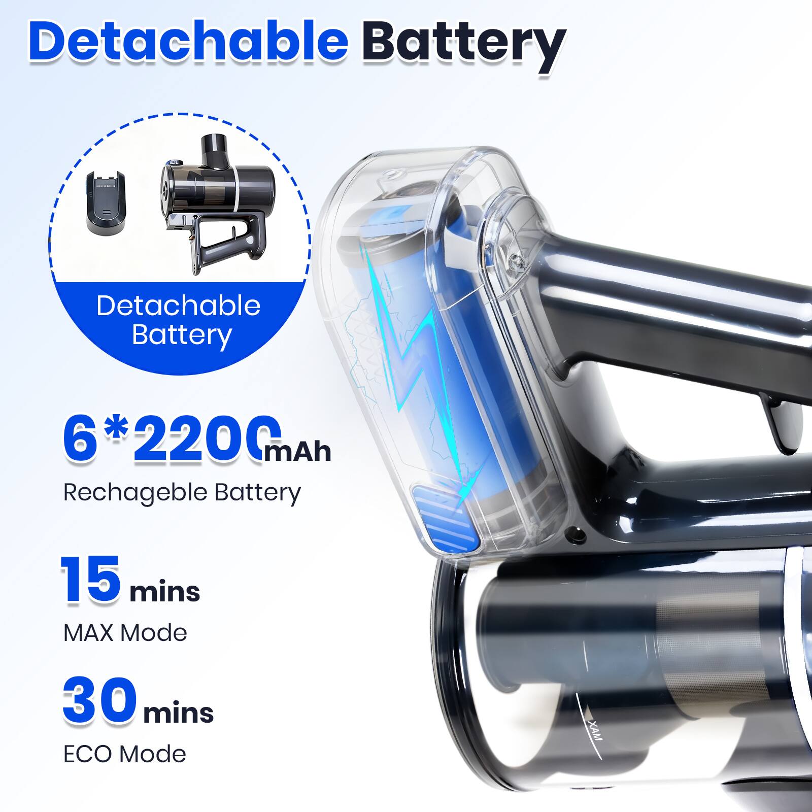 Detachable Battery

6*2200 mAh Rechargeable Battery

15 mins MAX Mode

30 mins ECO Mode